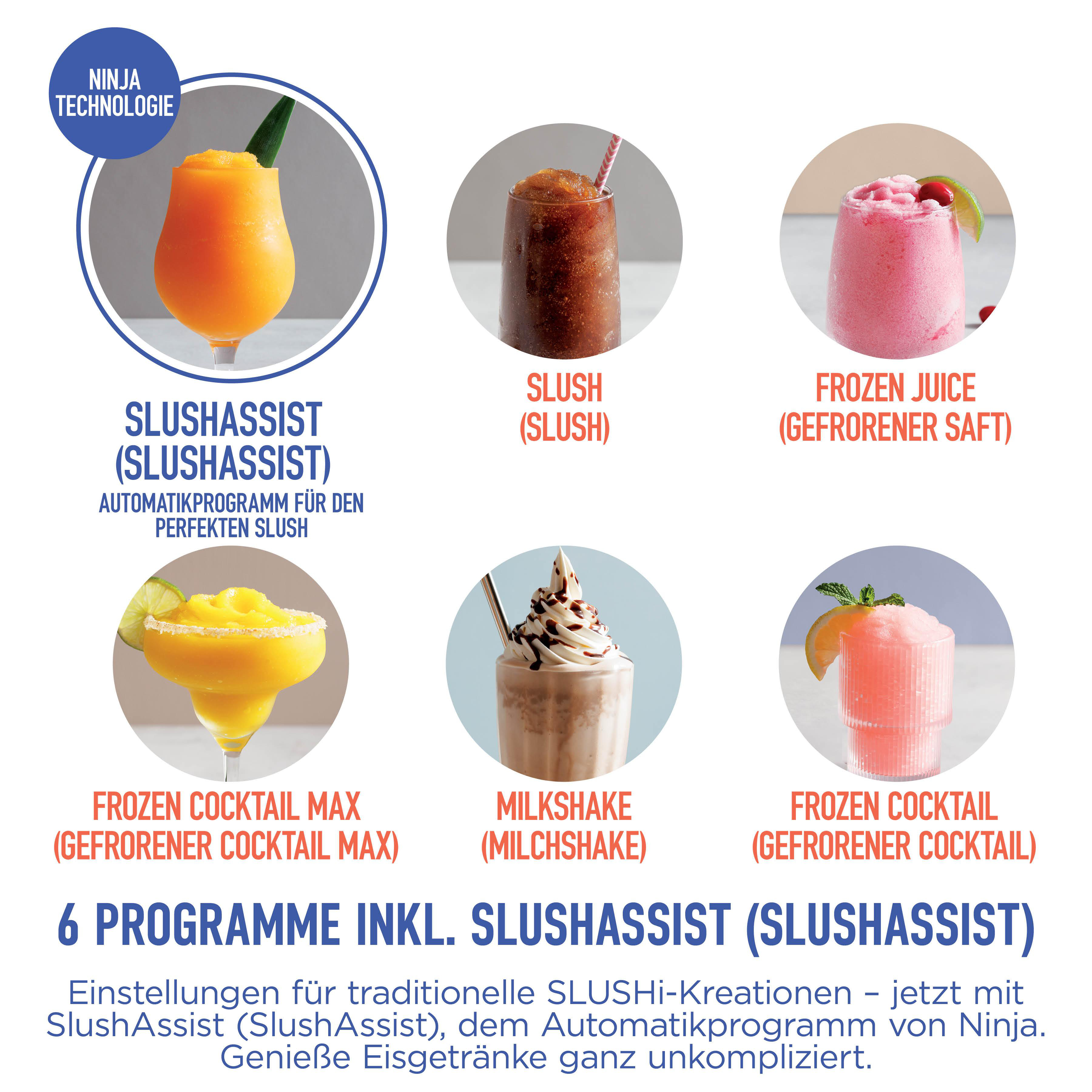 Sechs Getränkevarianten: Slush, Frozen Juice, Cocktails, Milkshake mit Ninja Technologie.