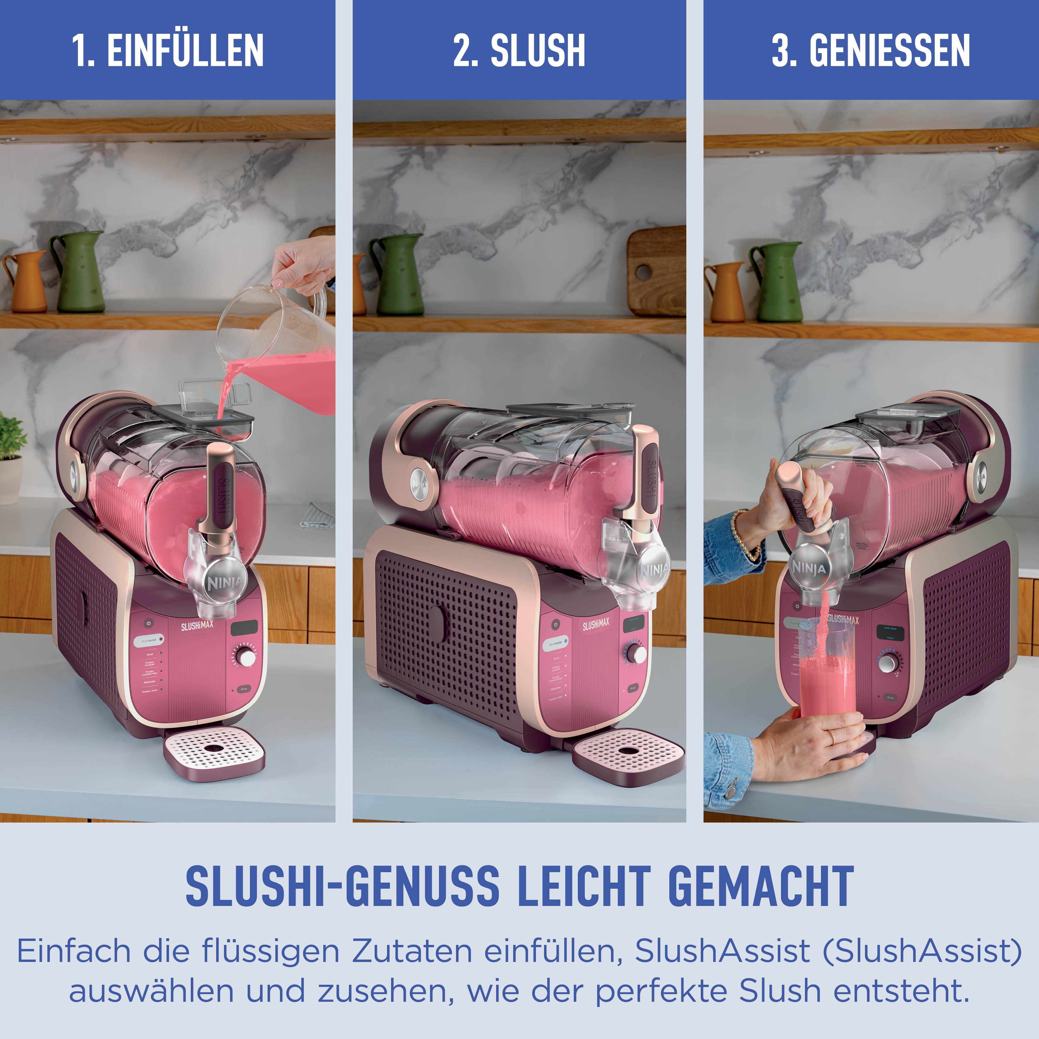Ein Slush-Maker in drei Schritten: Einfüllen, Slushen, Genießen.