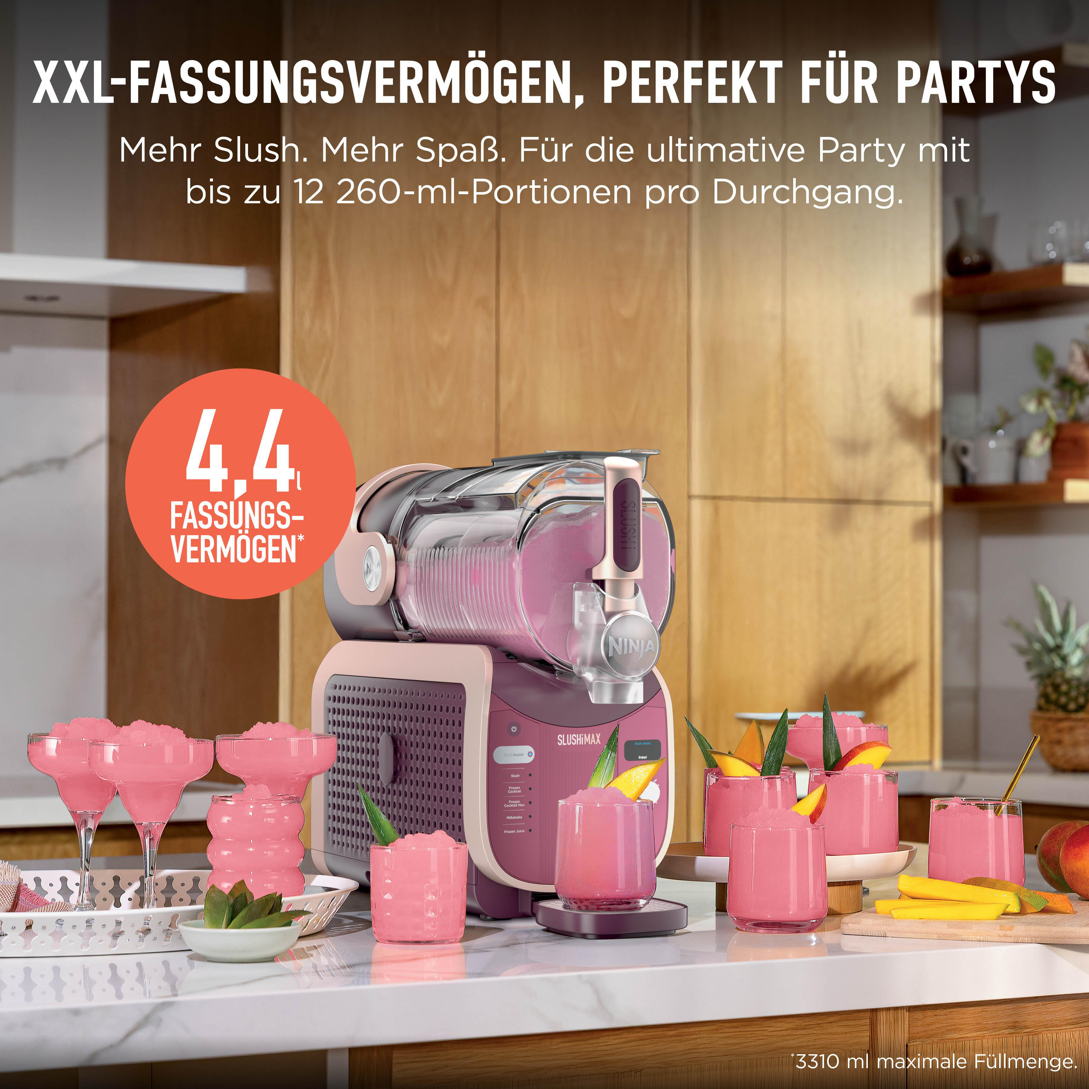 Ein pinker Slushy-Maker mit Gläsern voller Slushy, Früchten und Ananas.