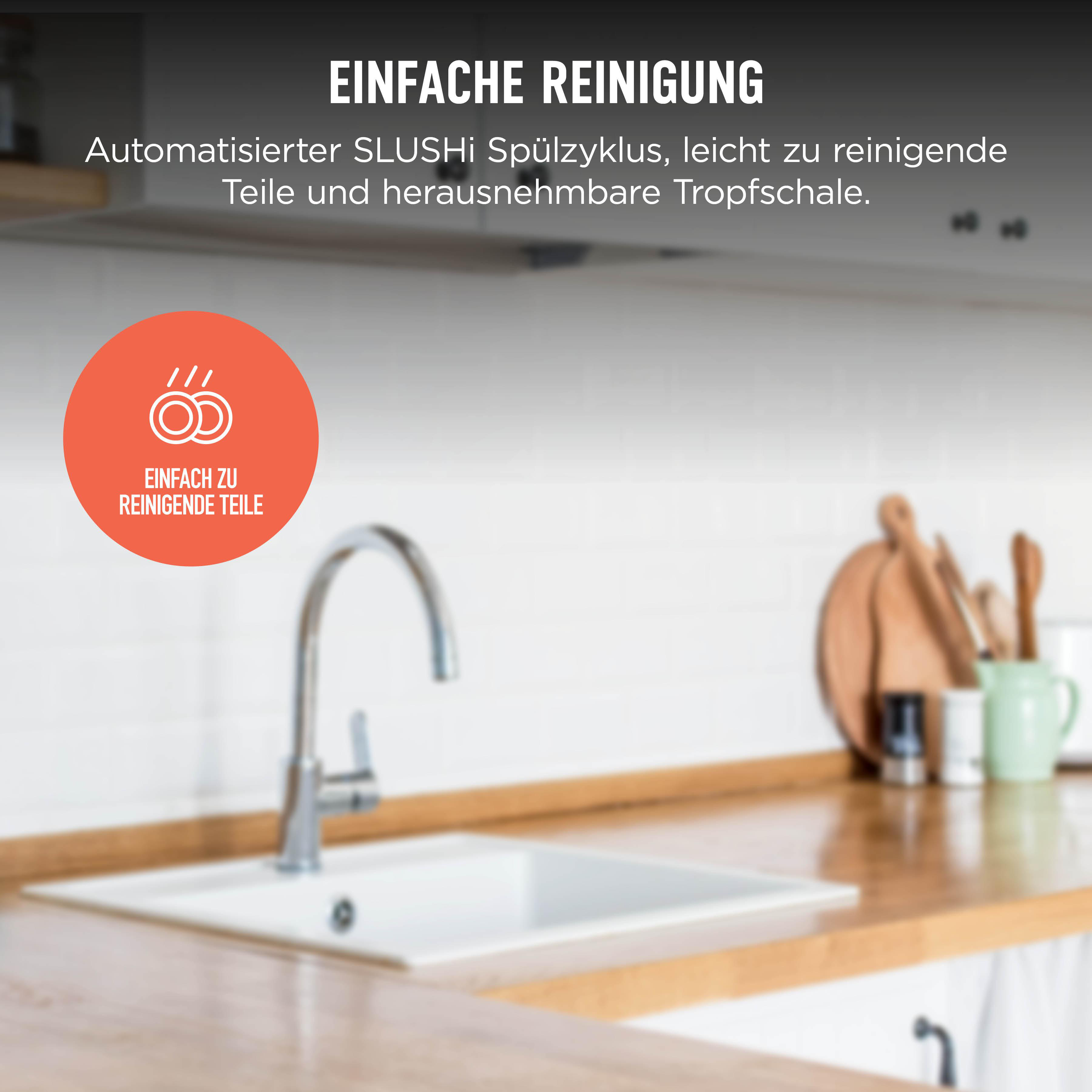 Küchenspüle mit Wasserhahn und Zubehör auf der Arbeitsplatte.