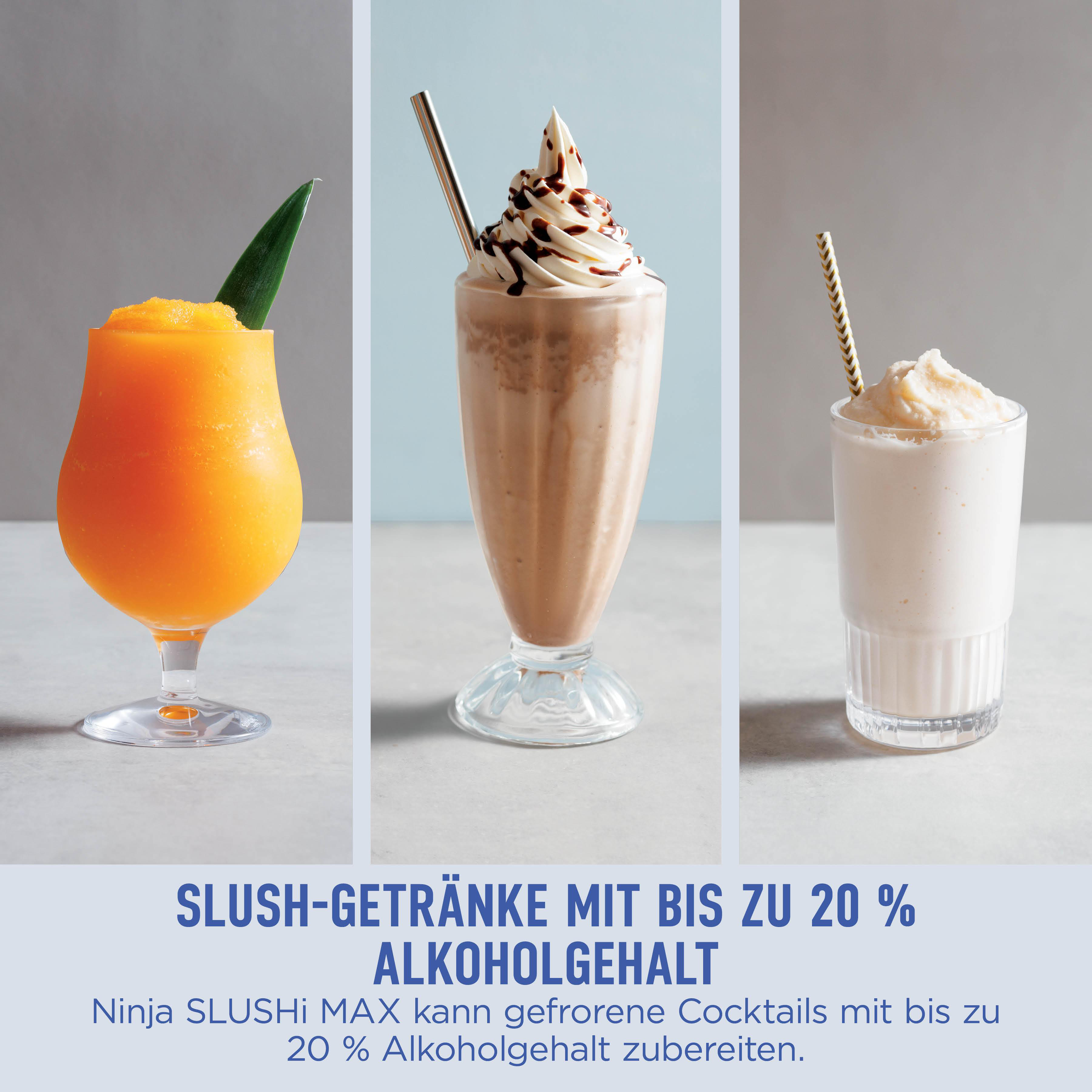Drei Getränke: ein orangefarbener Slush, ein Schoko-Shake und ein heller Shake.