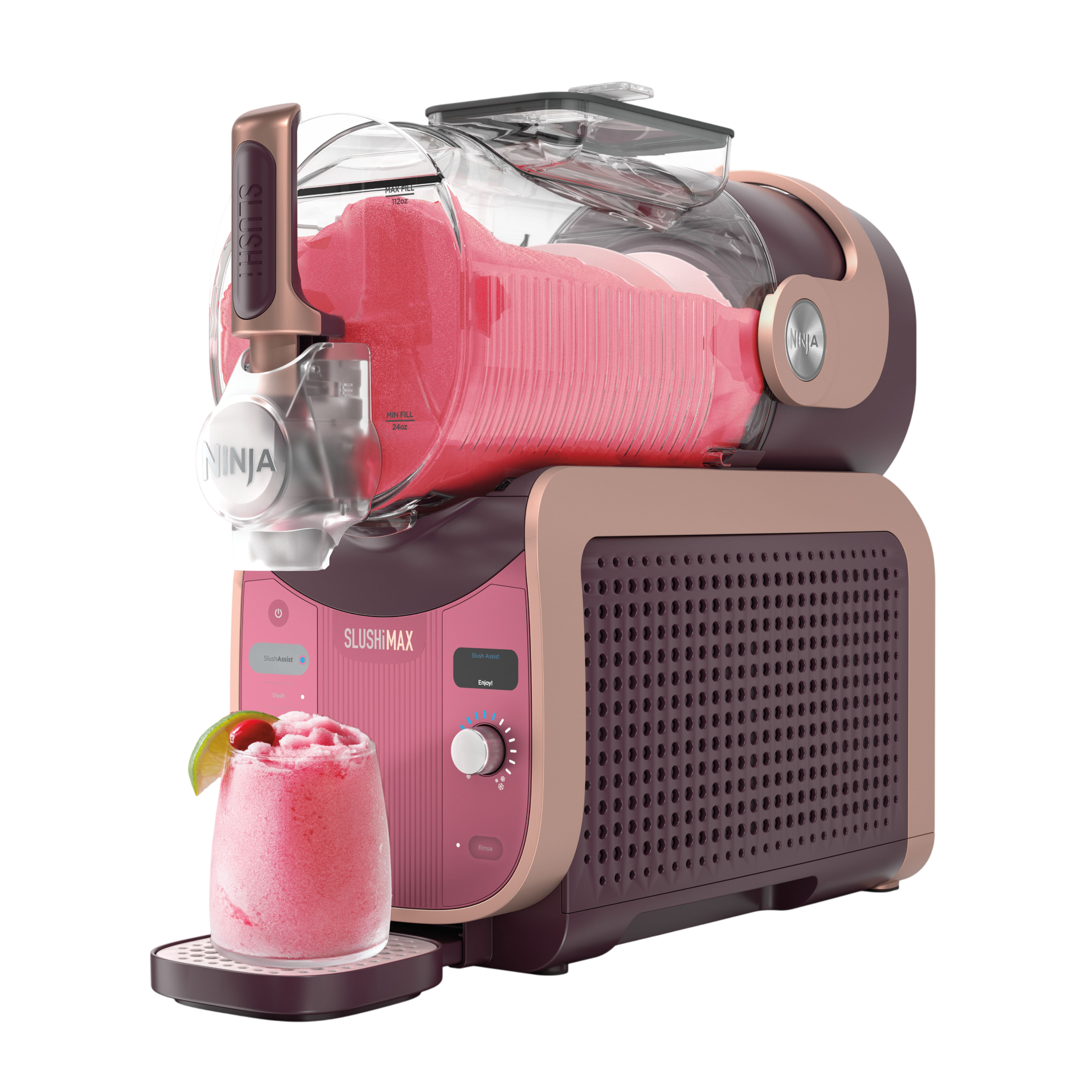Ein rosa Slushie-Maker mit einem Glas Slush-Eis, garniert mit Limette und Kirsche.