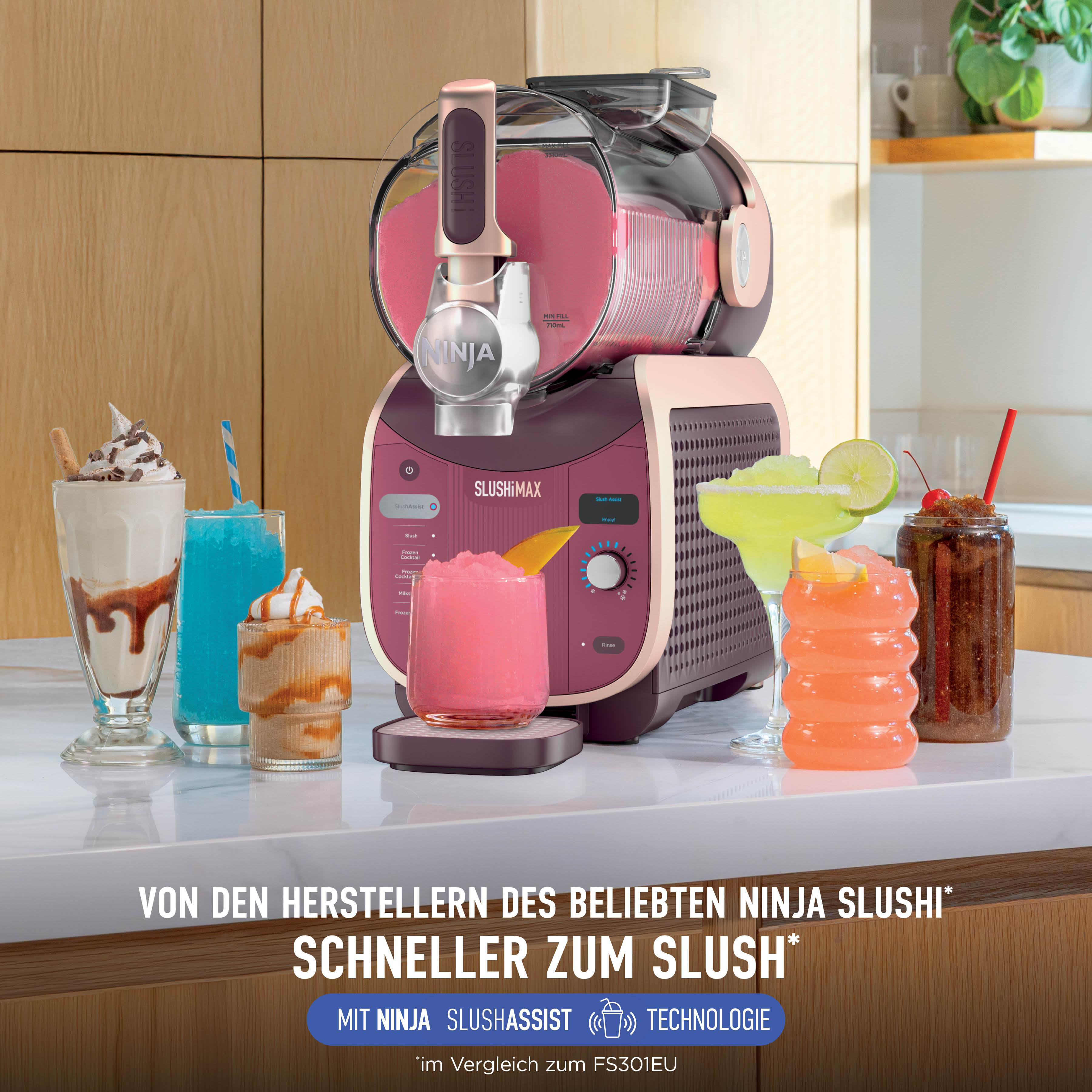 Ein Slush-Maker mit bunten Slush-Getränken und Desserts.