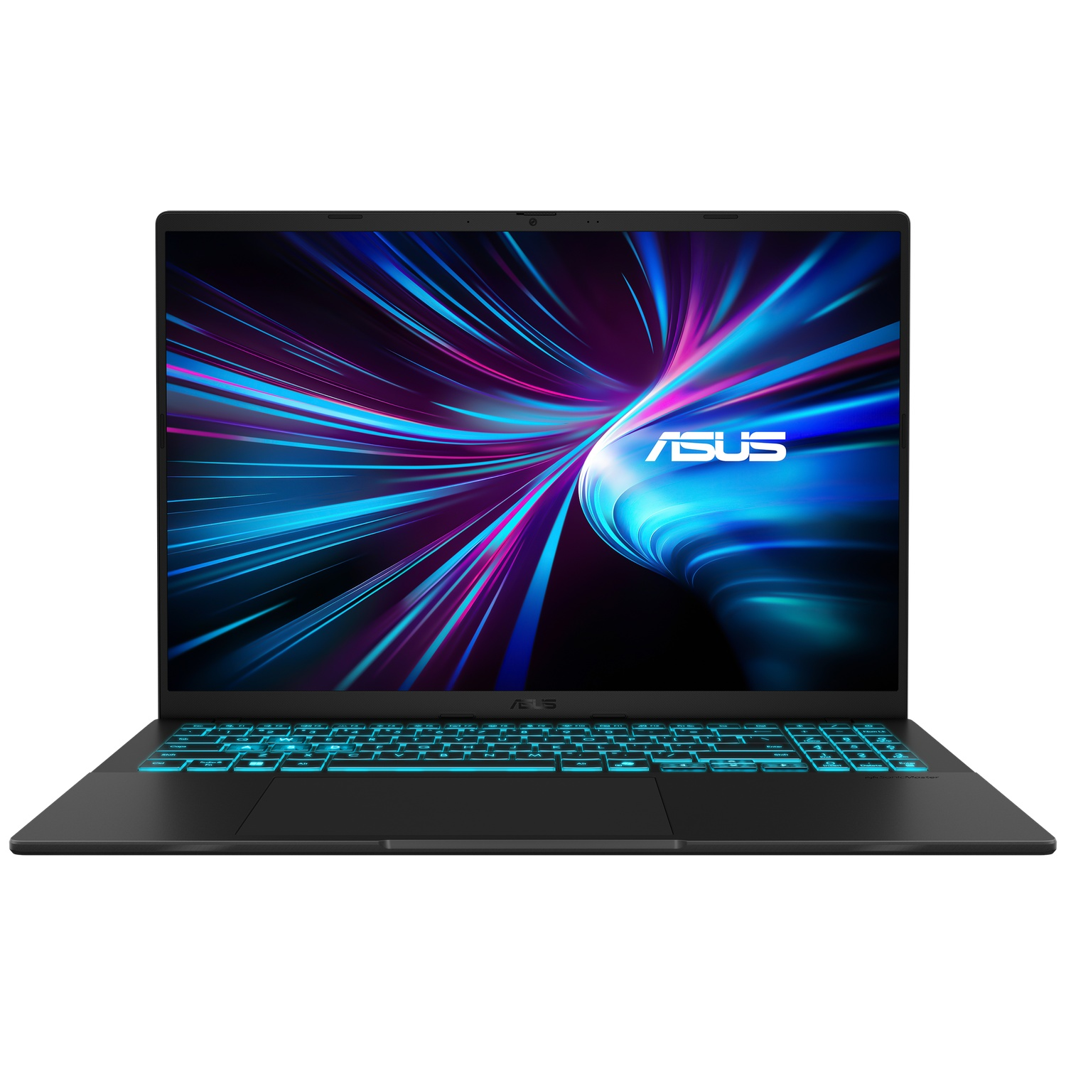 Black laptop with blue backlit keyboard and ASUS logo on screen.