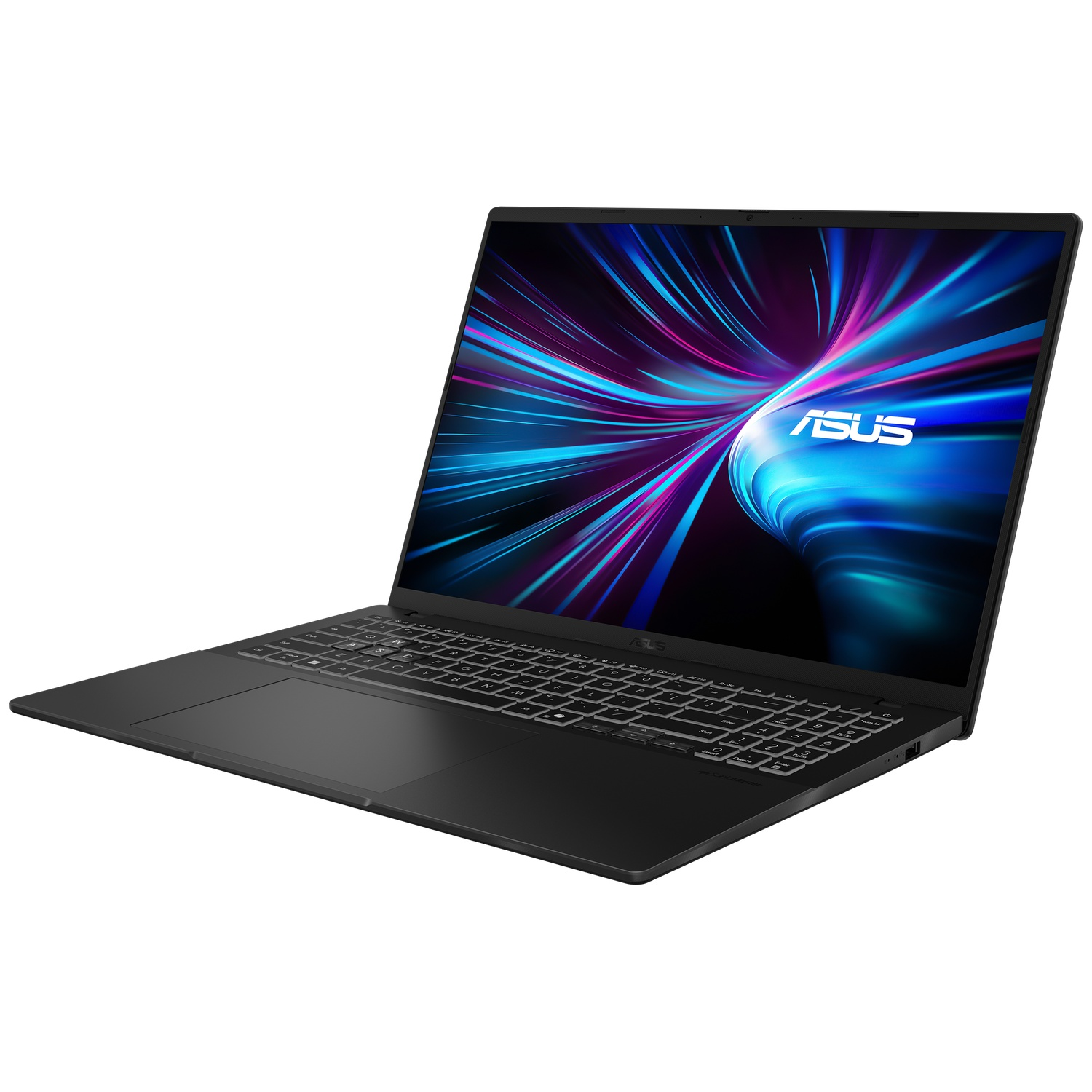 A black laptop with a lit keyboard and the ASUS logo displayed on the screen.