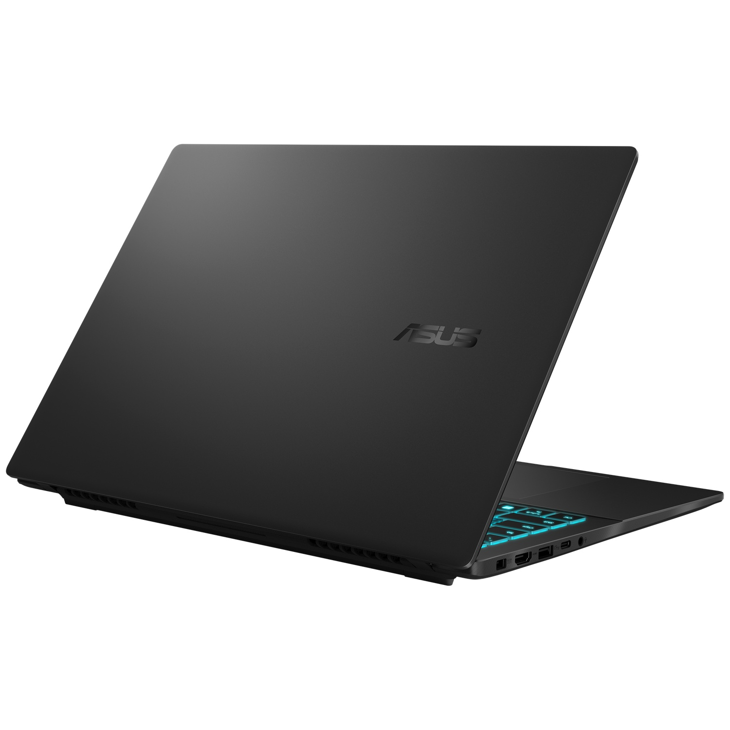 Black ASUS laptop with illuminated keyboard, viewed from the back left.
