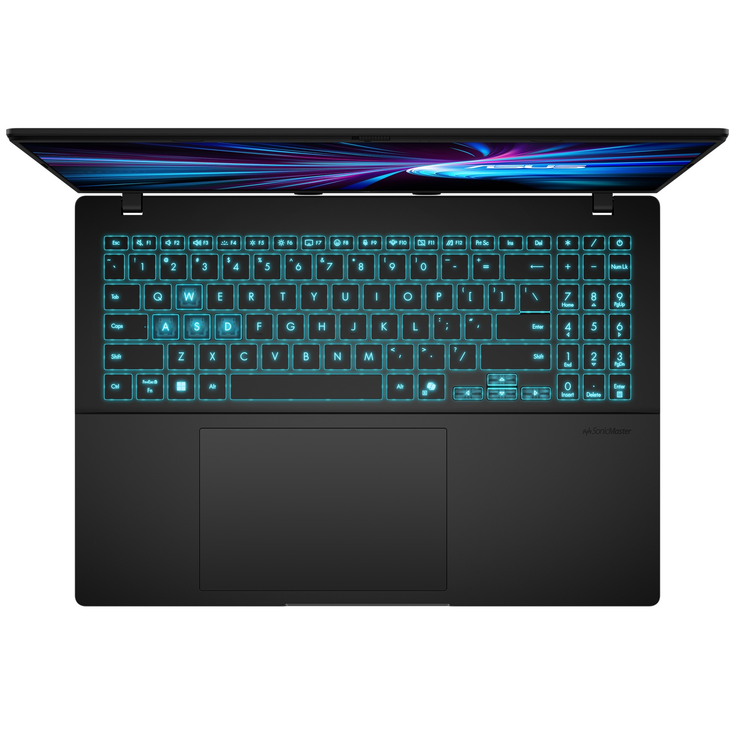 A black laptop with a glowing keyboard and a colorful background displayed on the screen.