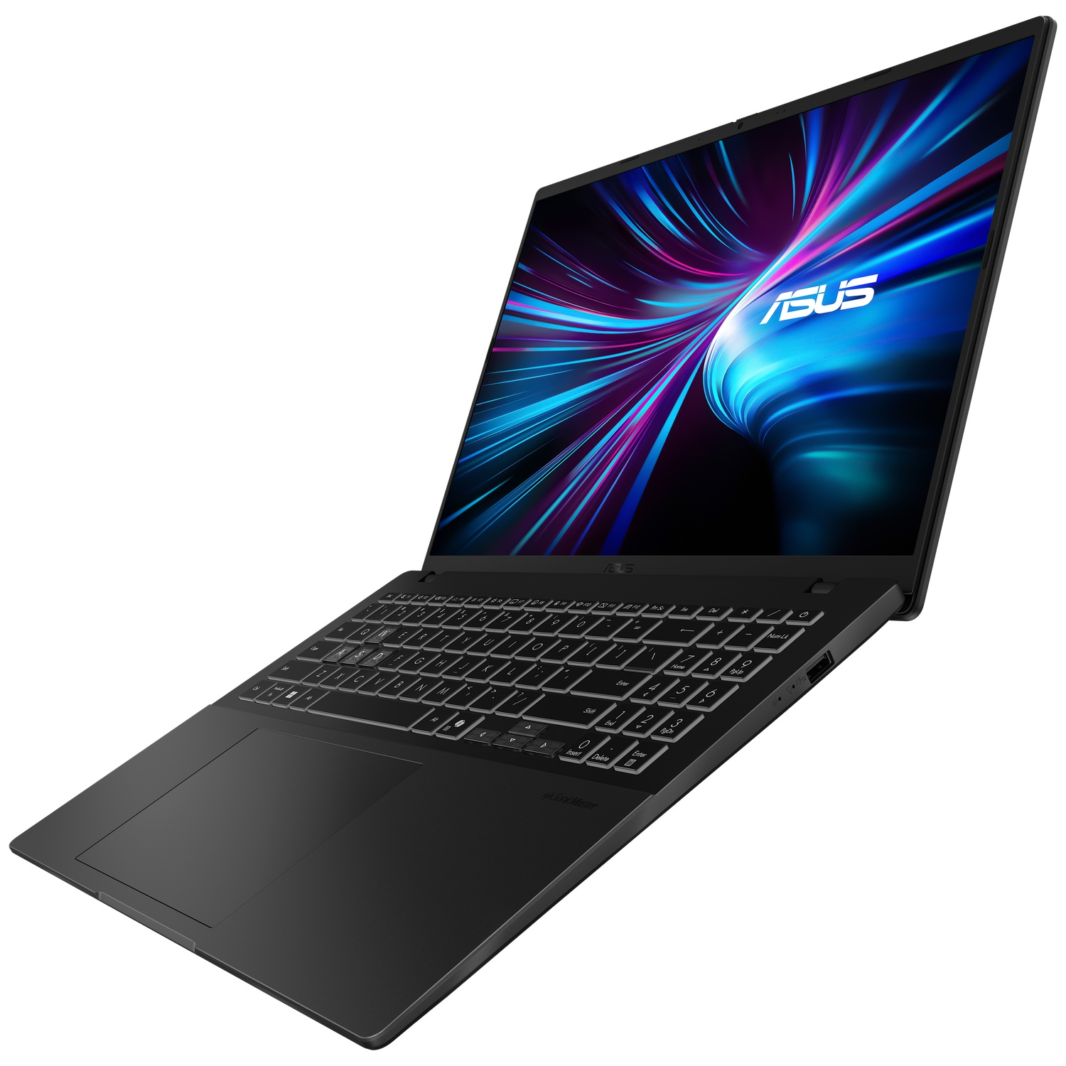 Black Asus laptop with backlit keyboard and colorful screen wallpaper.