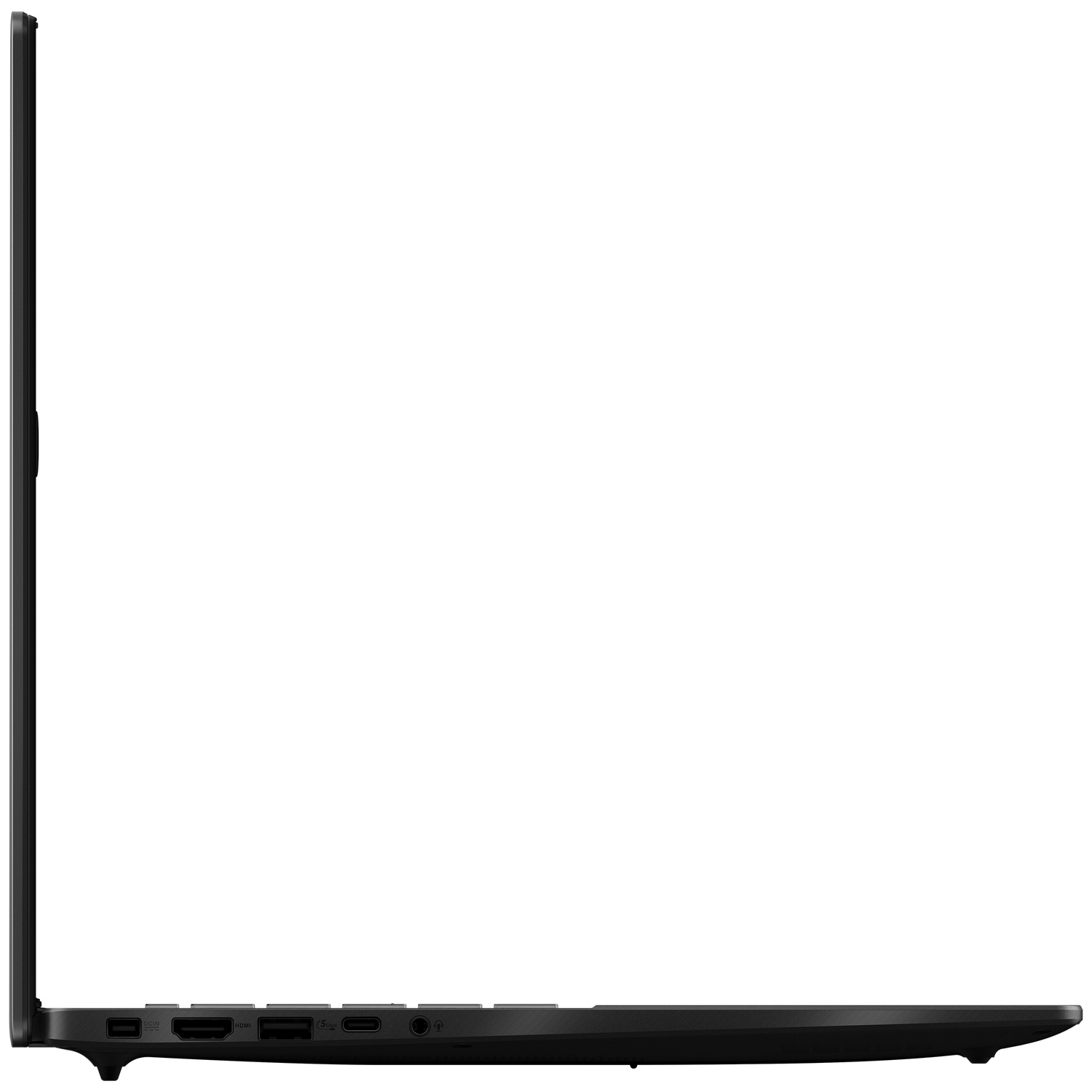 Side view of a black laptop showing ports like DCIN, HDMI, and USB-C.