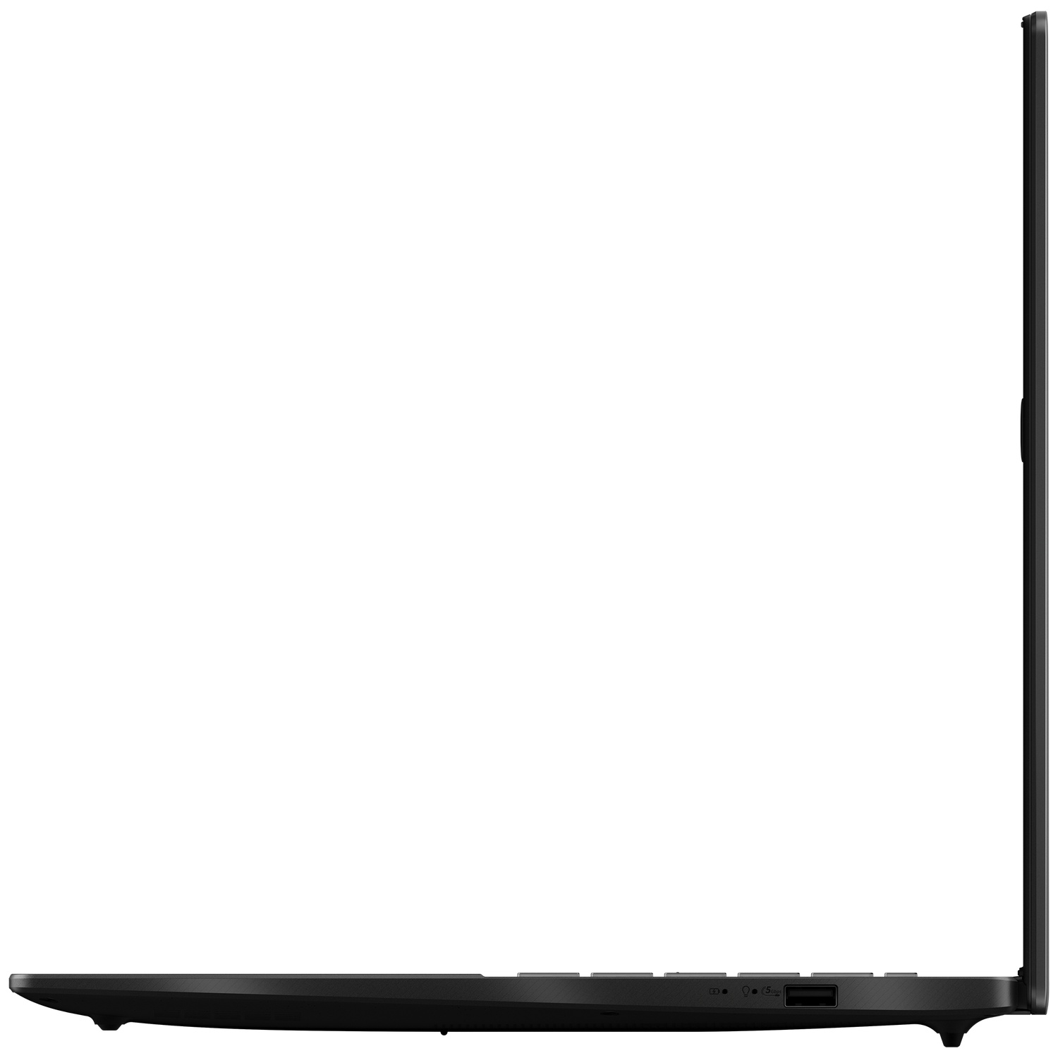 Side view of a black laptop, showing USB ports and keys.