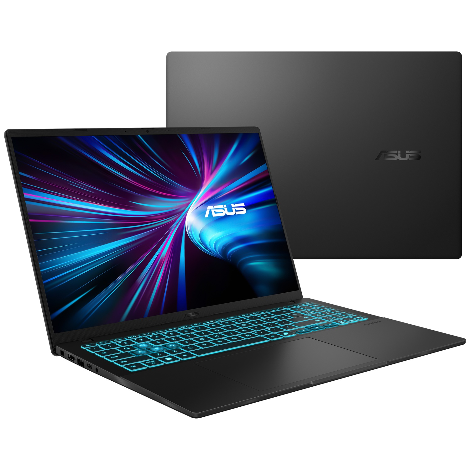 Black Asus laptop with illuminated keyboard and vibrant abstract wallpaper.