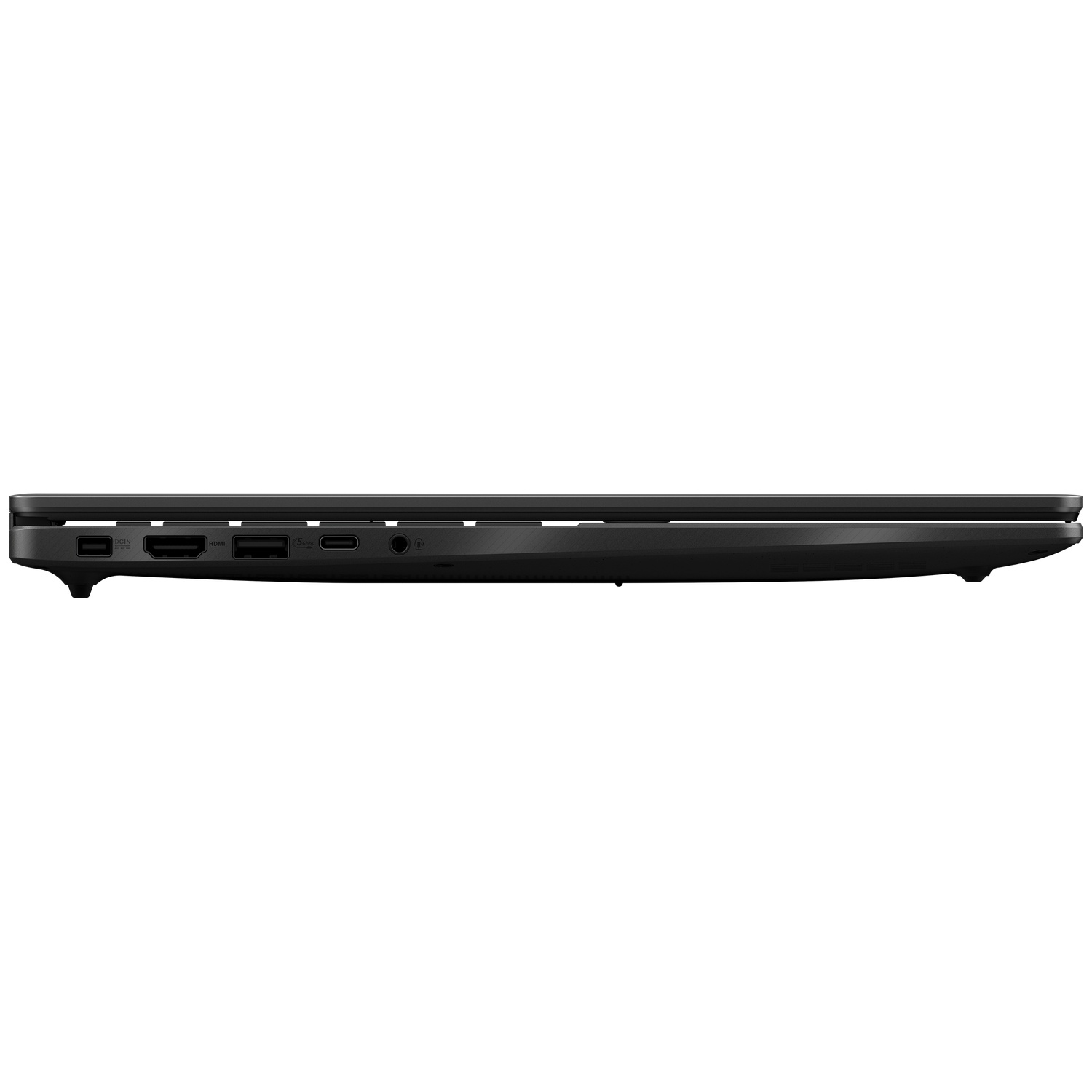 Black laptop with ports: DCIN, HDMI, USB, audio jack.