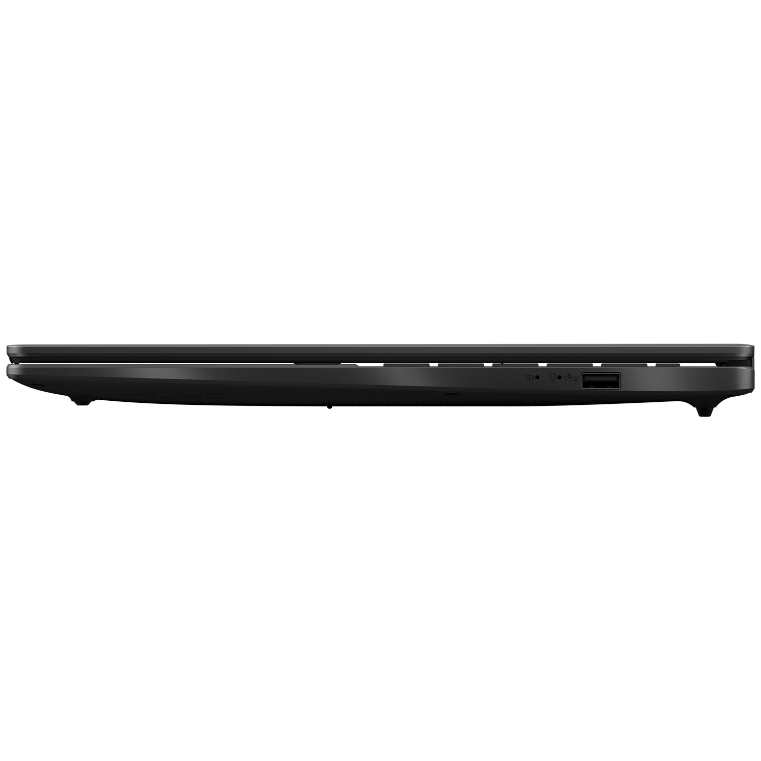 Black laptop viewed from the side, showing USB port and other ports.