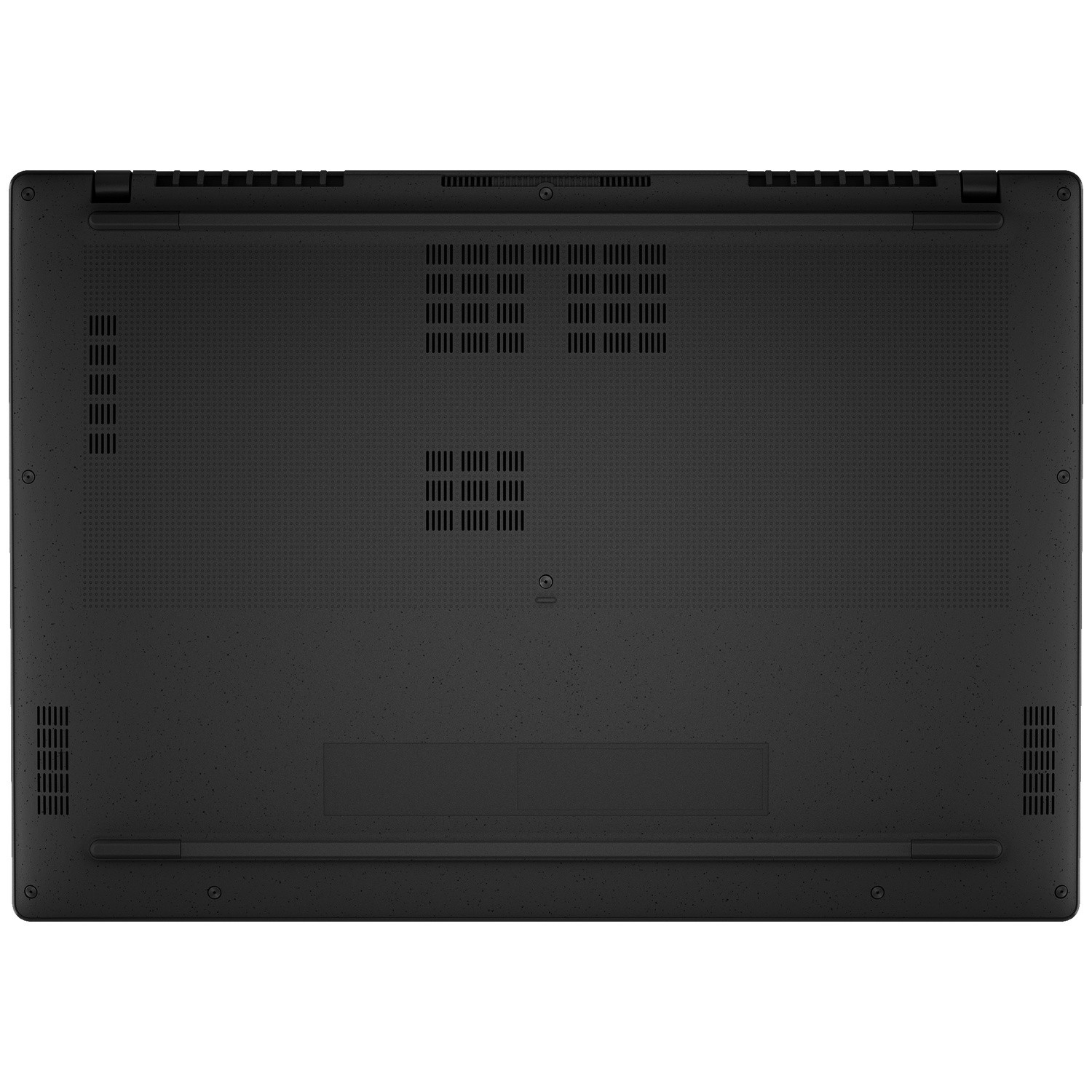 Underside of a black laptop, showing vents and screws.