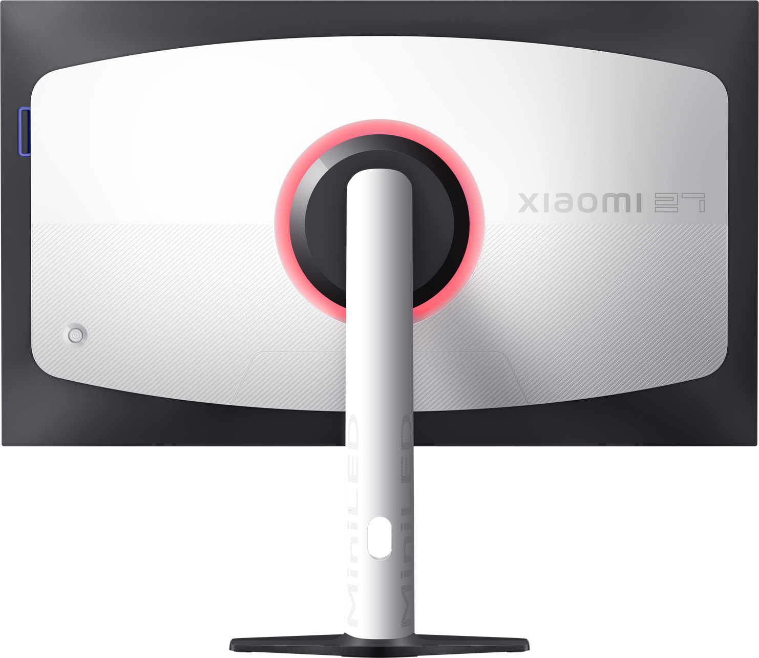 Fehér monitor hátulja piros gyűrűfénnyel és Xiaomi logóval.