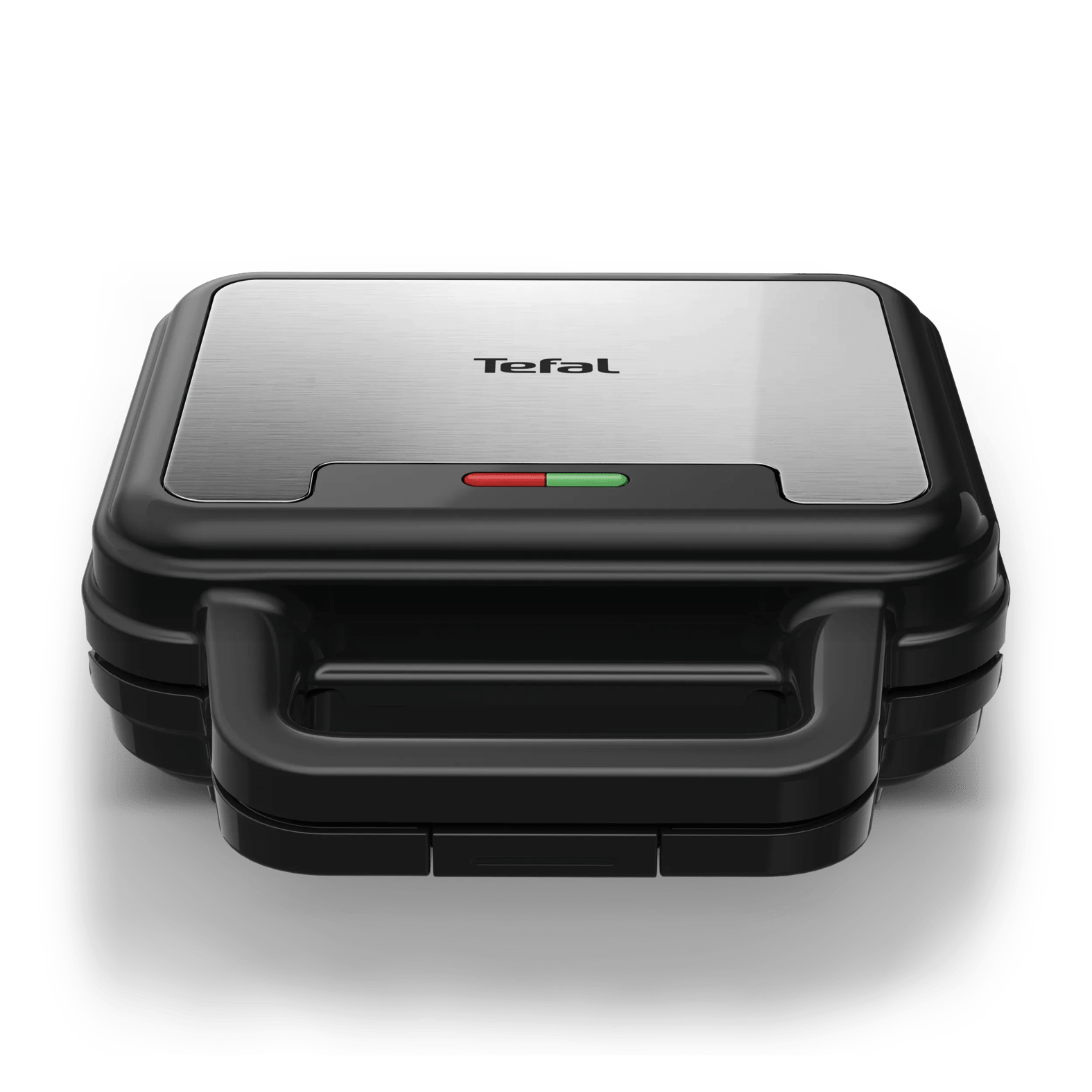 Ein schwarzer Tefal Sandwichmaker mit silberner Oberseite und roten/grünen Lichtern.