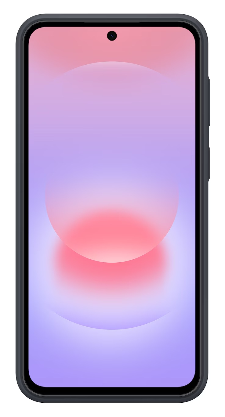 Smartfon z gradientem różowym i fioletowym na ekranie.