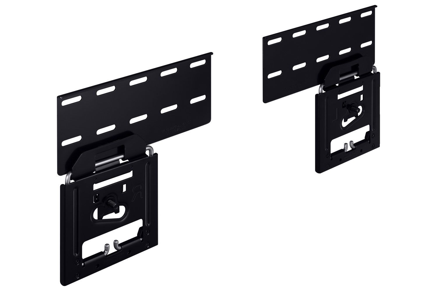Dos soportes de pared negros para TV con mecanismo giratorio sobre fondo blanco.