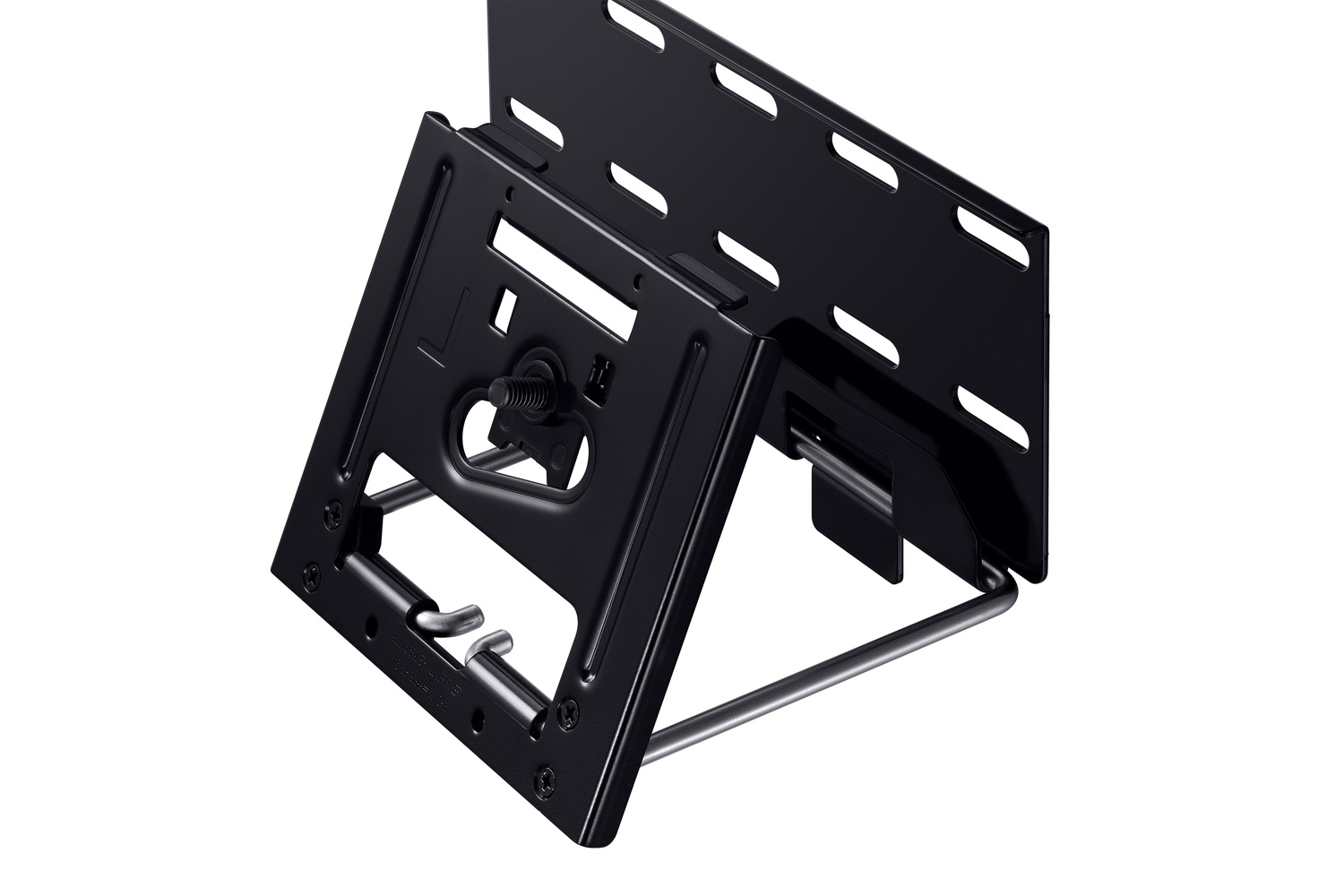 Soporte metálico negro con ranuras, tornillos y ganchos, sobre fondo blanco.