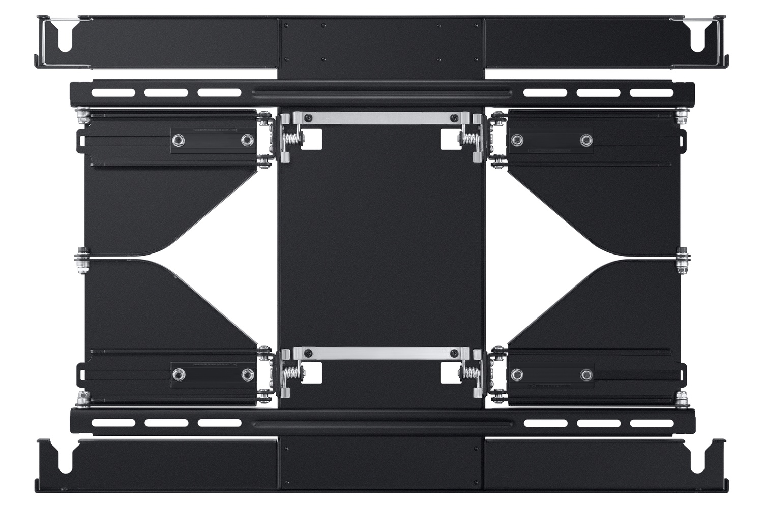 Soporte de pared negro para TV con brazos metálicos complejos y resortes.