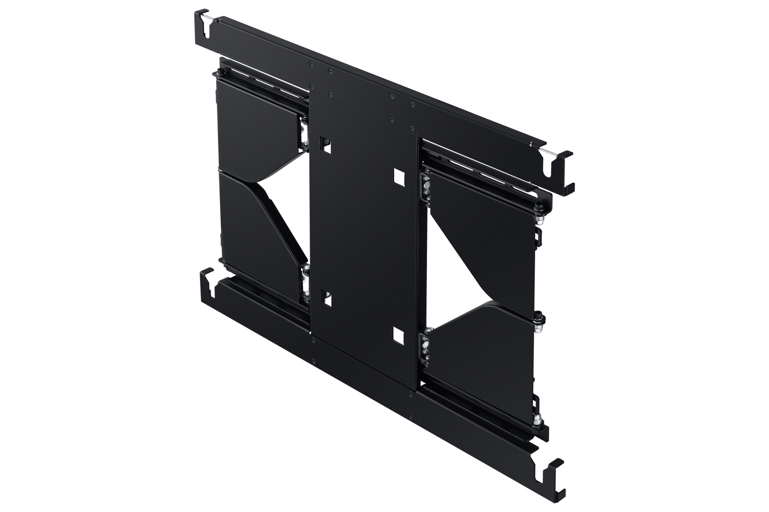 Marco de montaje de monitor negro y modular con tornillos y soportes visibles.