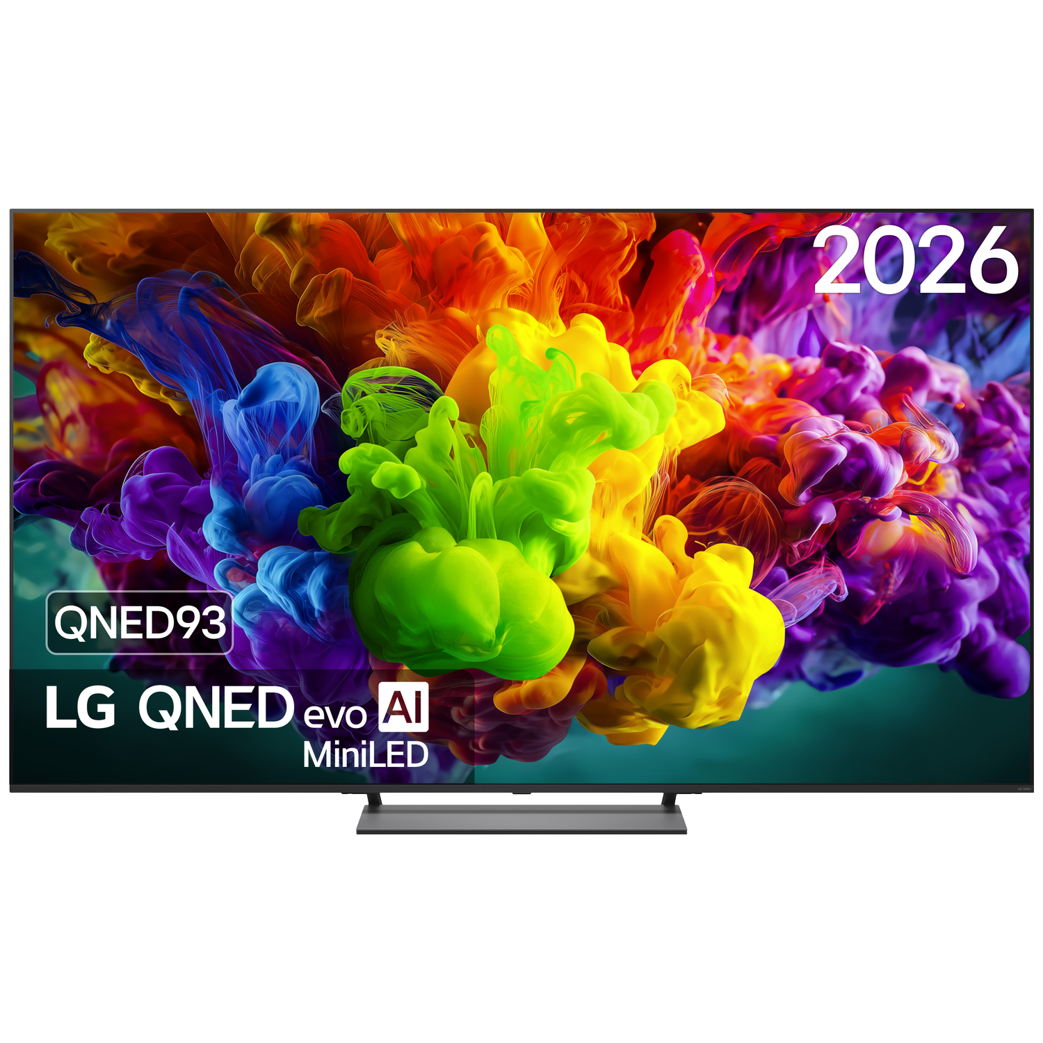 Een LG QNED evo AI MiniLED TV toont kleurrijke inktspetters en het jaartal 2026.