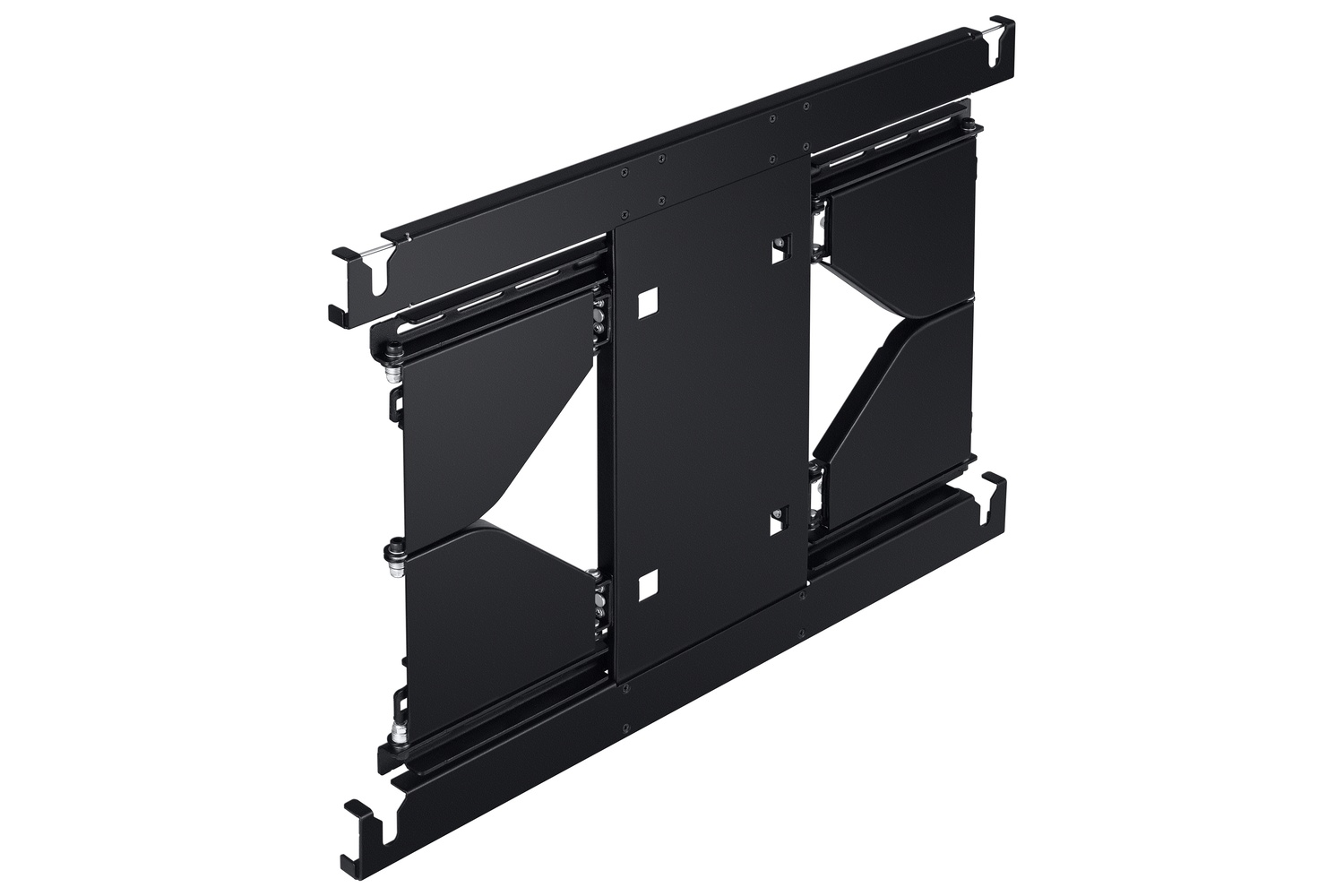 Soporte de pared negro de metal con partes deslizantes y tornillos visibles.