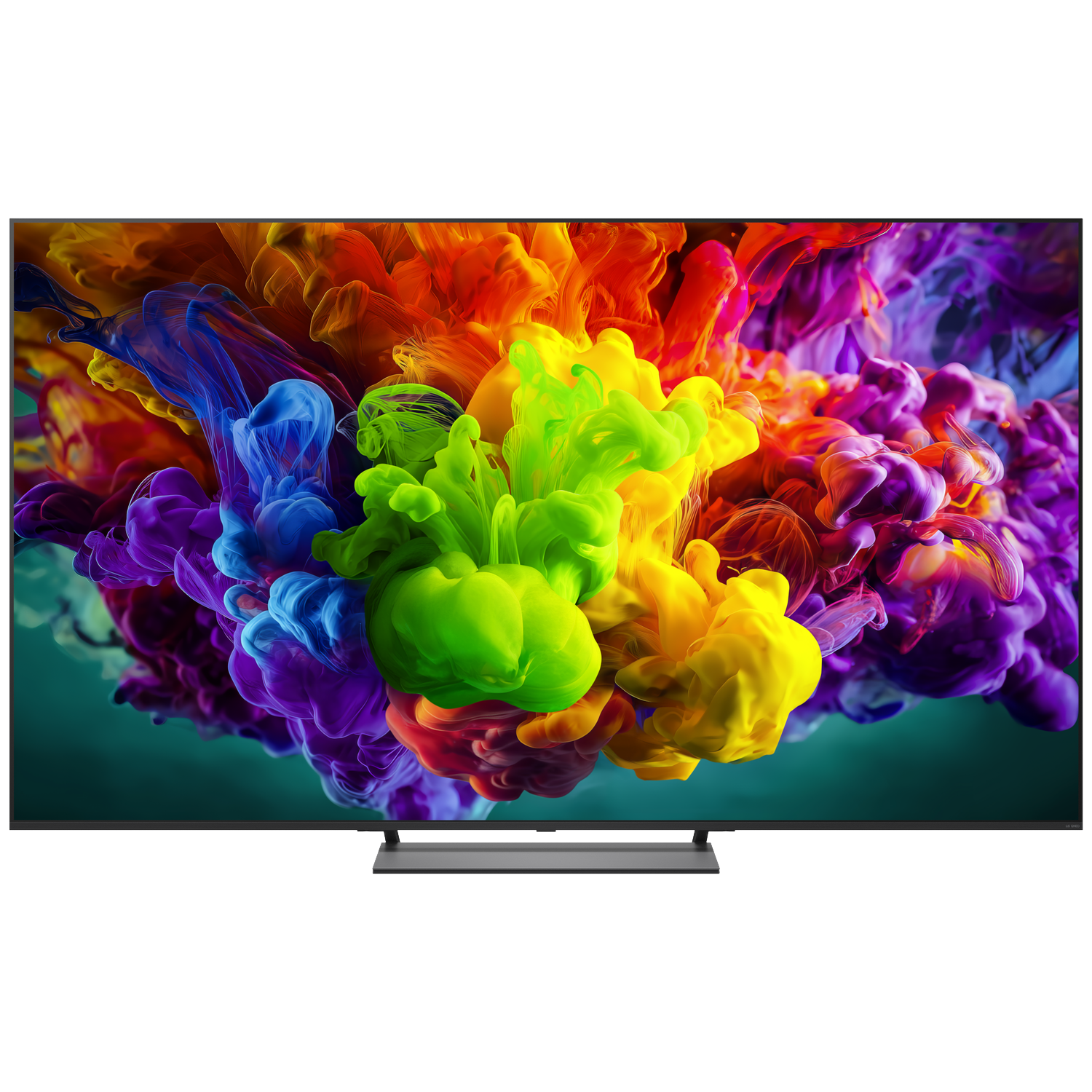 Een moderne tv met een levendige, kleurrijke inktwolk-screensaver.