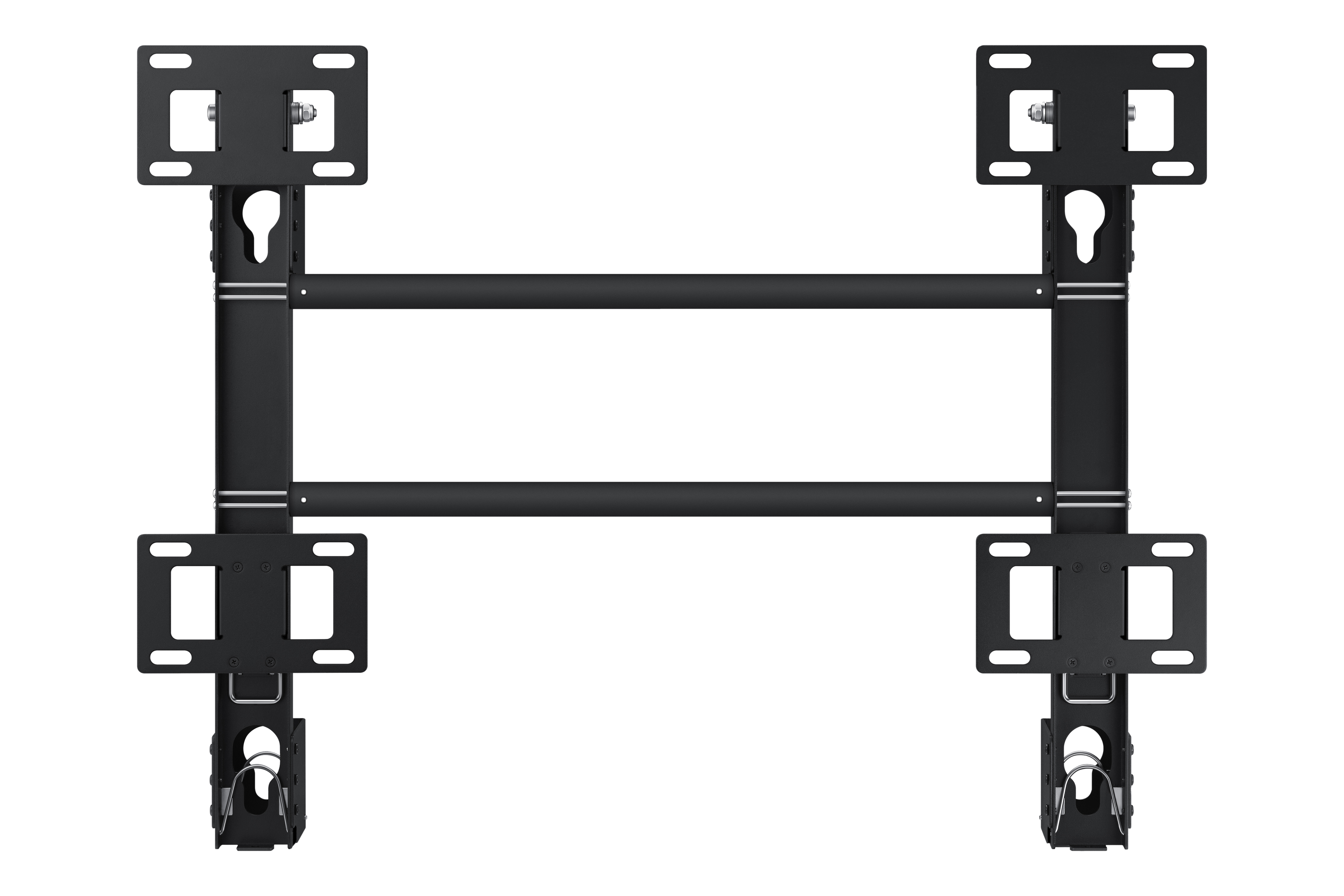 Soporte de pared negro para pantallas con dos barras horizontales.