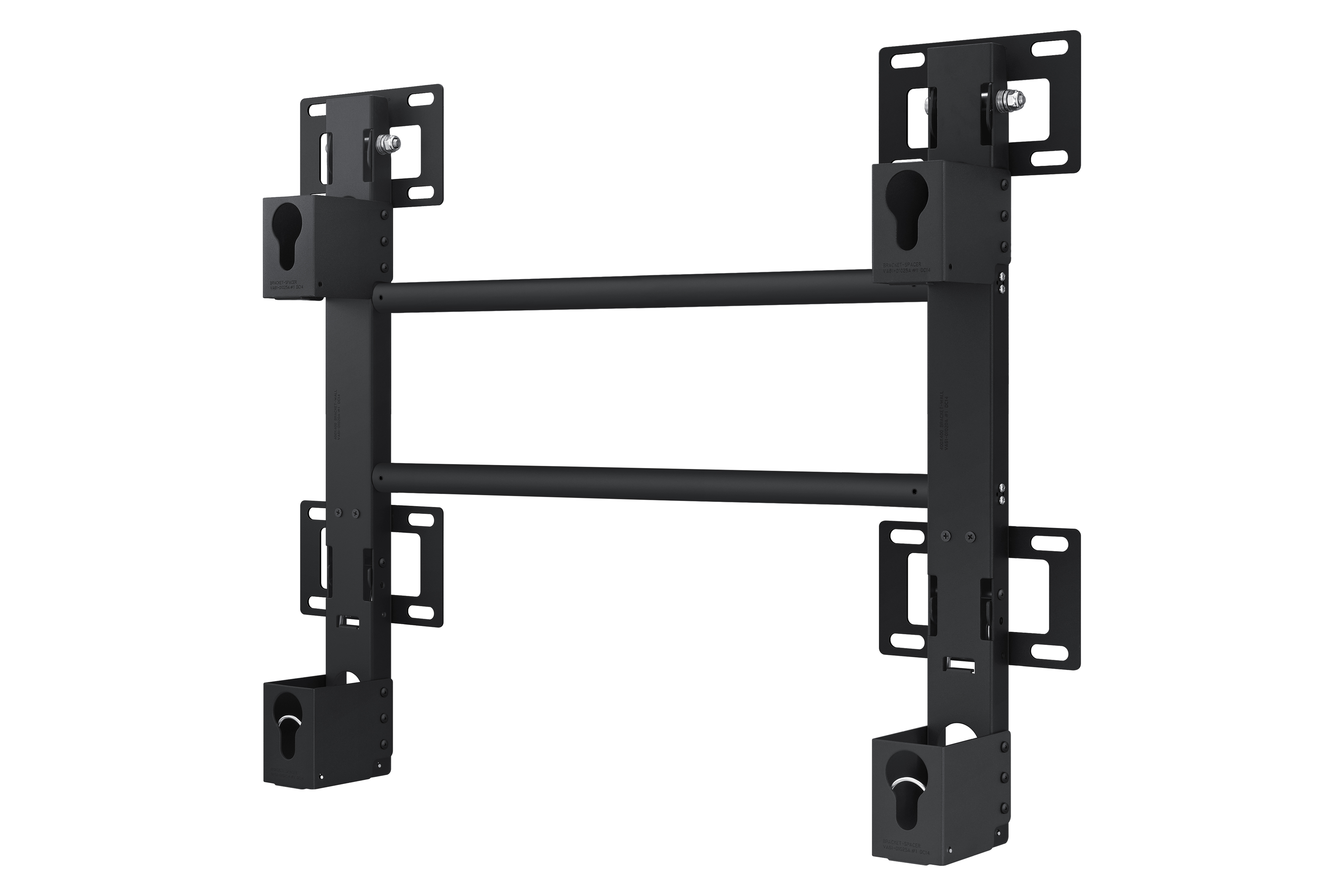 Soporte de pared negro con barras horizontales y orificios de montaje.