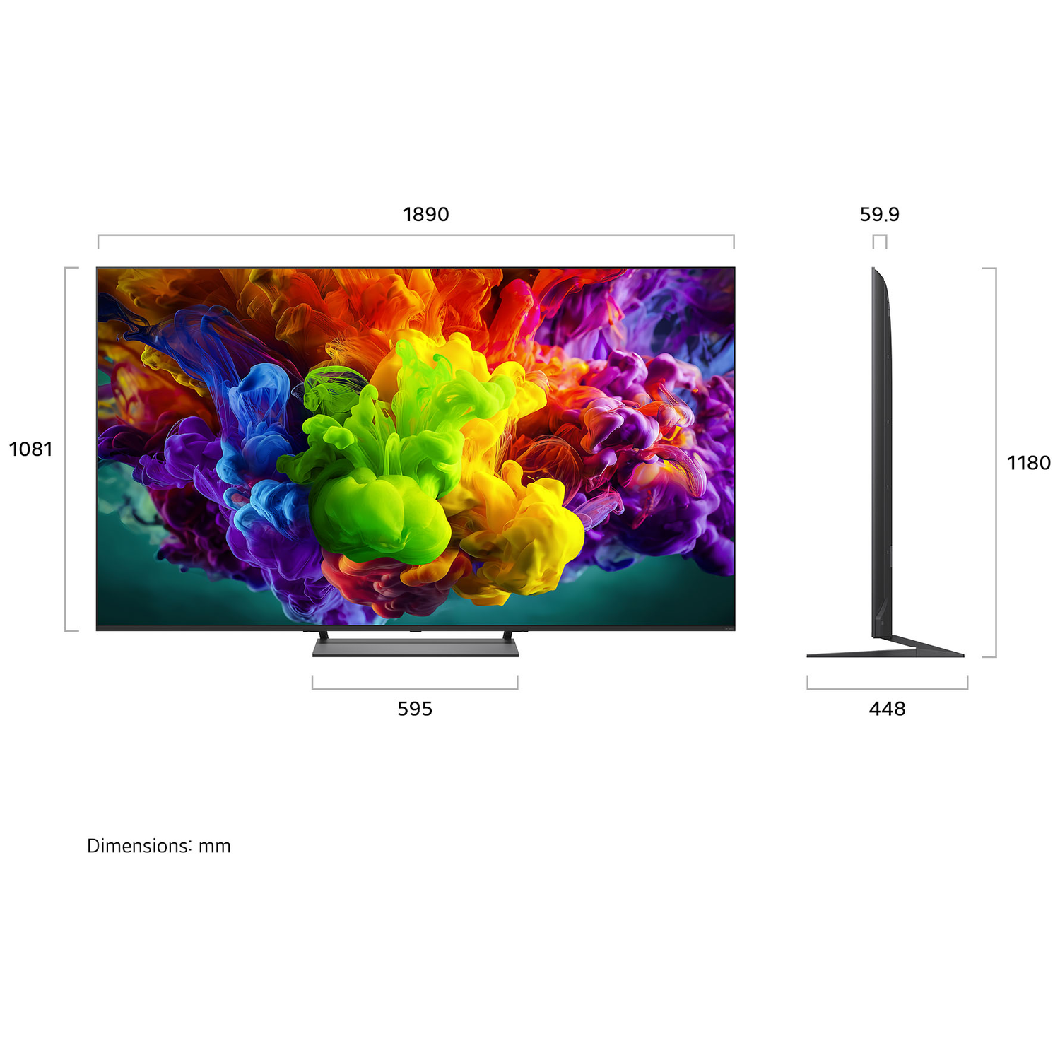 Een moderne tv met kleurrijke rookgraphics. Afmetingen worden getoond.