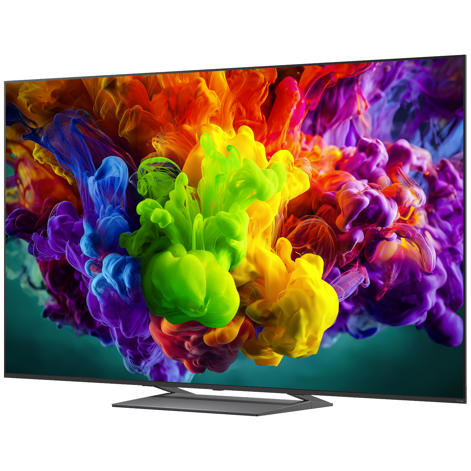 Een moderne tv toont kleurrijke rookwolken in rood, oranje, geel, groen en blauw.
