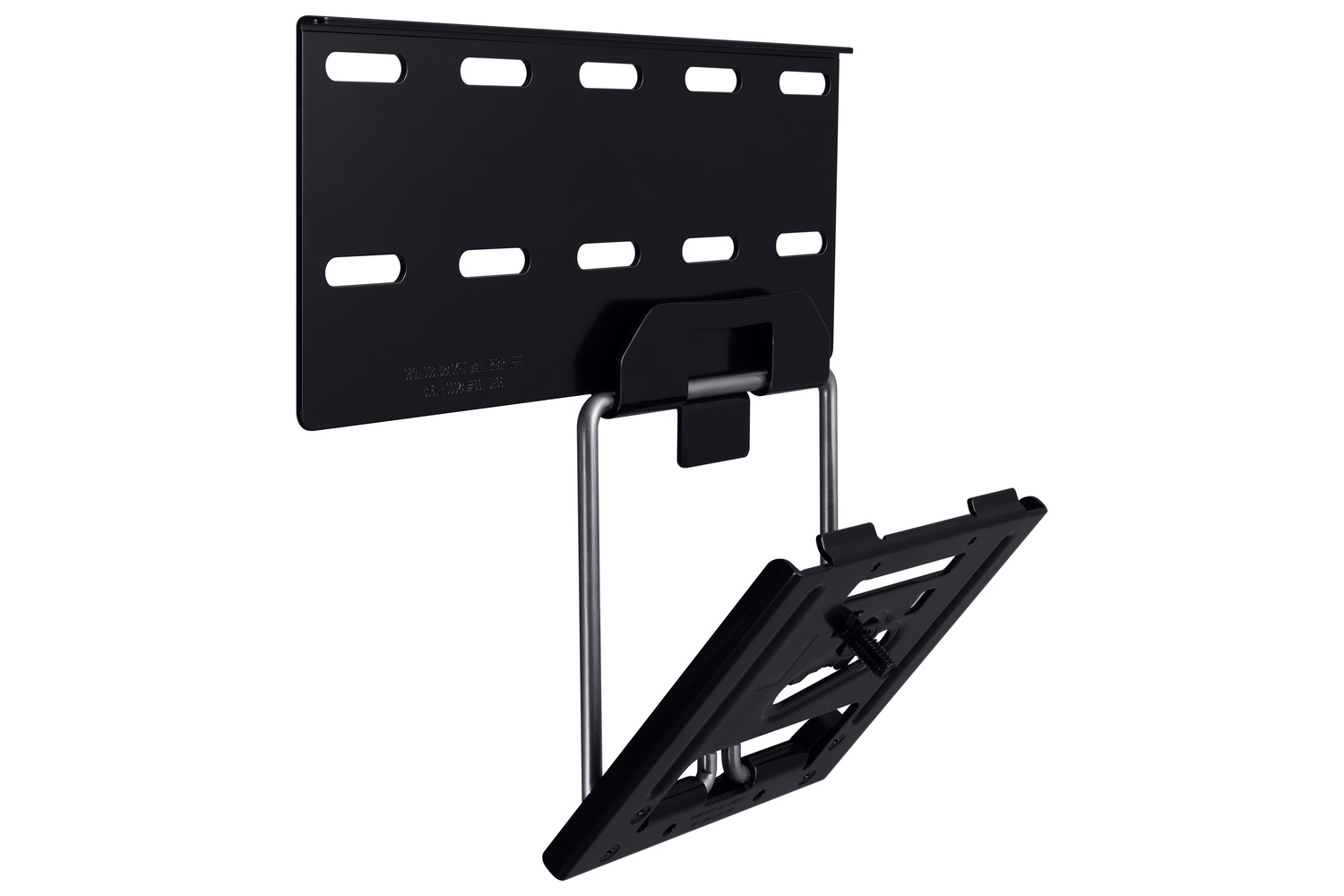 Soporte de pared para TV negro con placa inferior plegable y brazos metálicos.