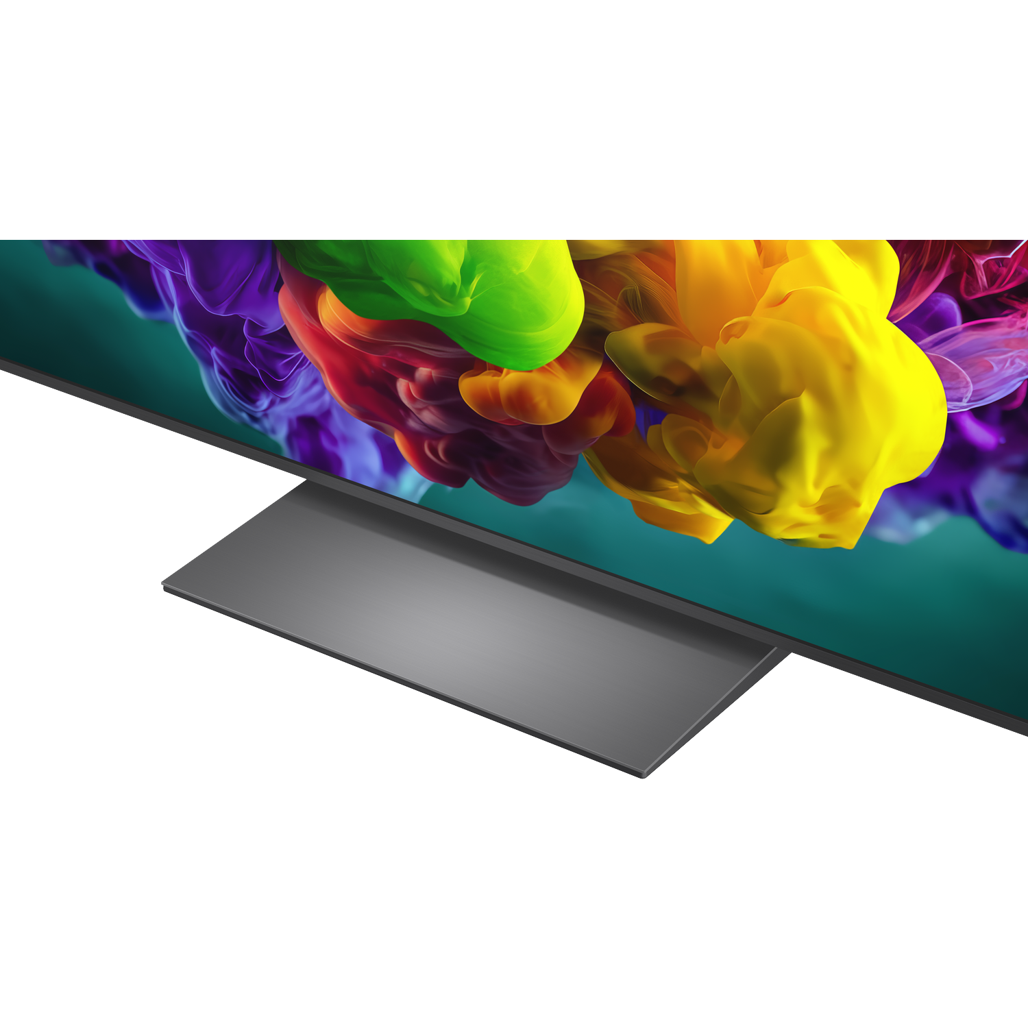 Grijze standaard onder een tv-scherm met kleurrijke rookwolken.