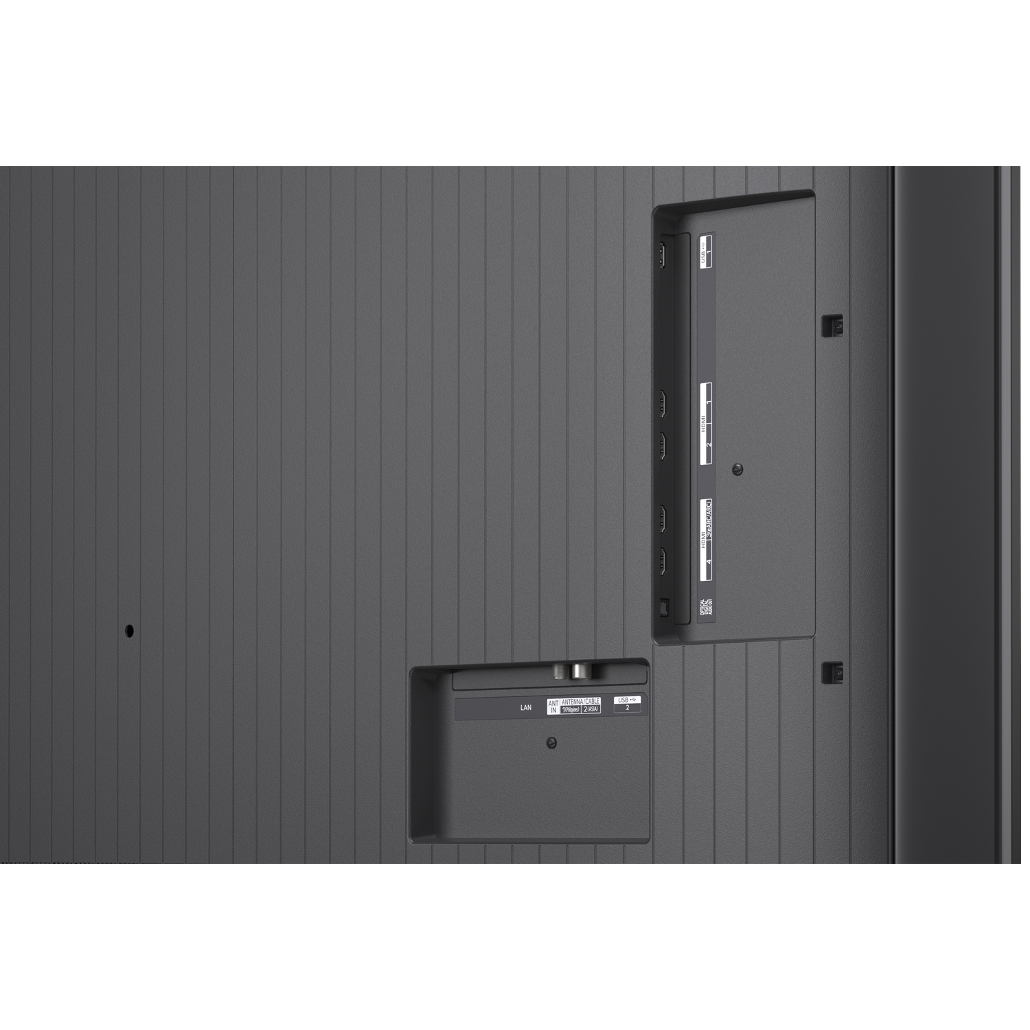 Achterpaneel van tv met poorten: LAN, USB, HDMI 1, 2, 3, 4.