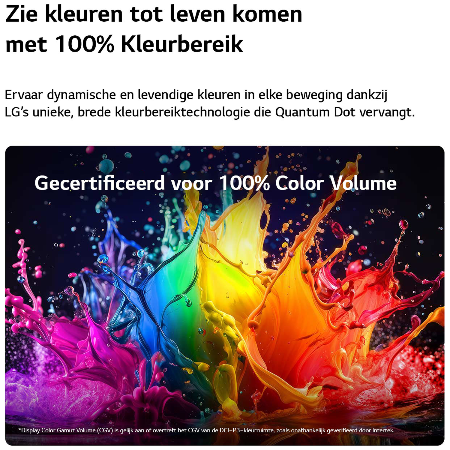Kleurrijke verfspetters in regenboogkleuren tegen donkere achtergrond, tekst "100% Color Volume".