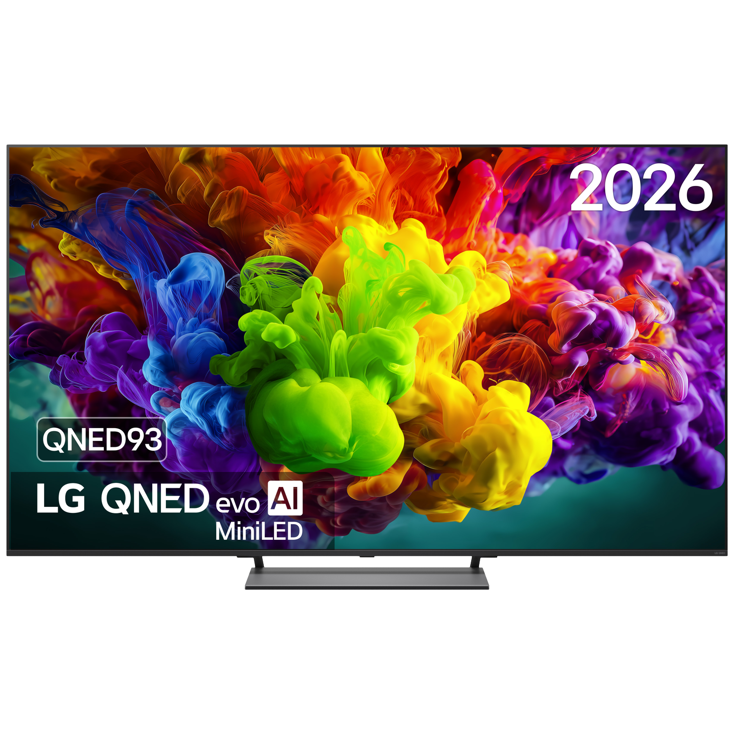 LG QNED evo AI MiniLED TV toont levendige inktwolken in groen, geel, paars en oranje.