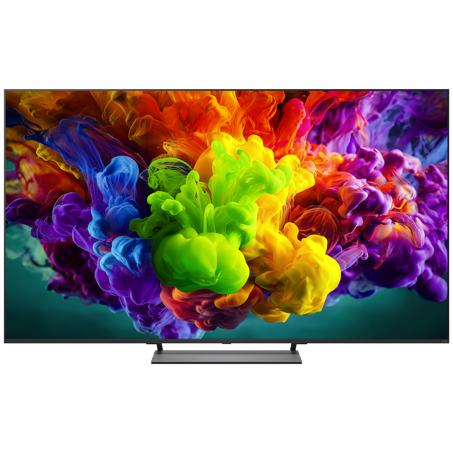 Een moderne televisie toont een levendige afbeelding van kleurrijke wolken in blauw, groen, geel, oranje en paars.