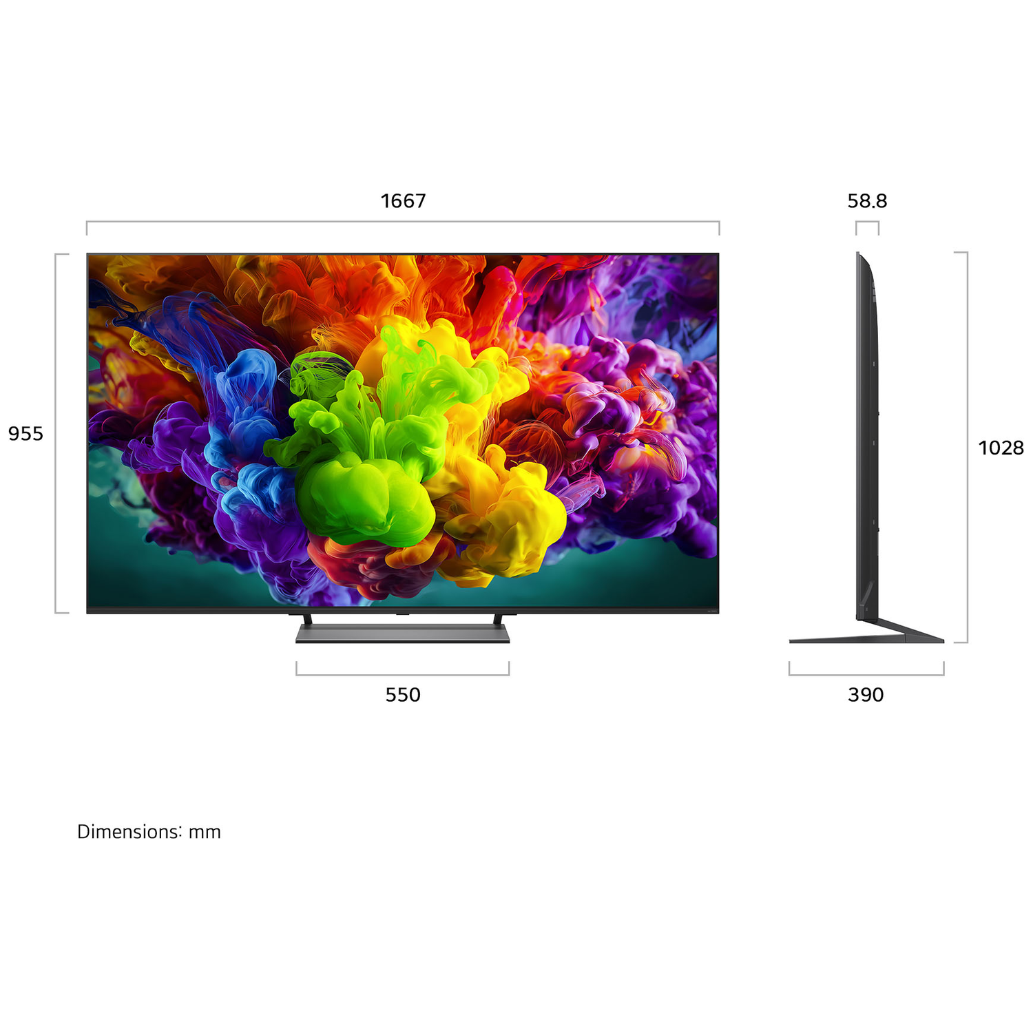 Een moderne tv met levendige kleuren, met afmetingen aangegeven.