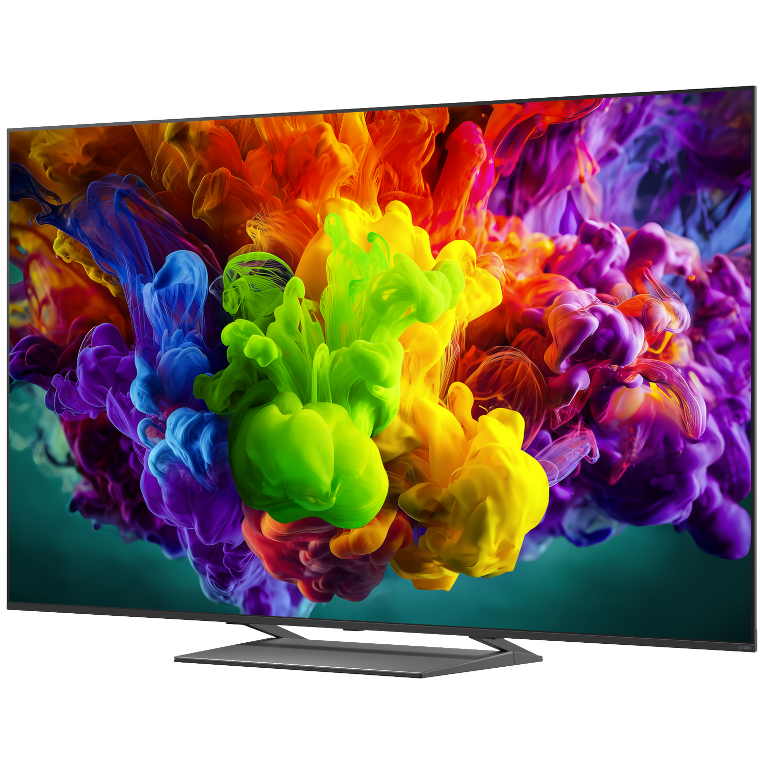 Een moderne tv toont kleurrijke wolken van paarse, blauwe, groene en oranje inkt.