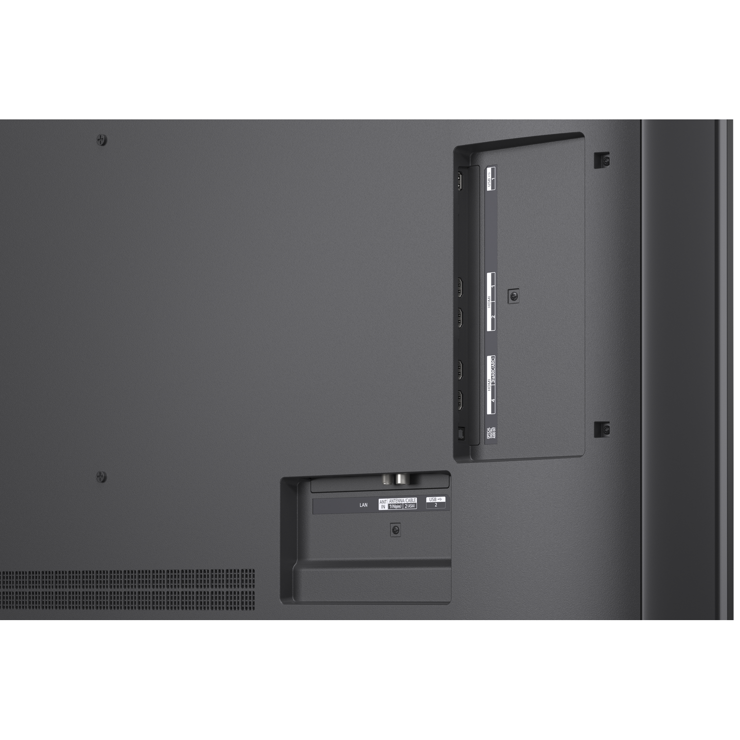 Achterkant tv met poorten: LAN, Antenne, 2x USB, 4x HDMI.