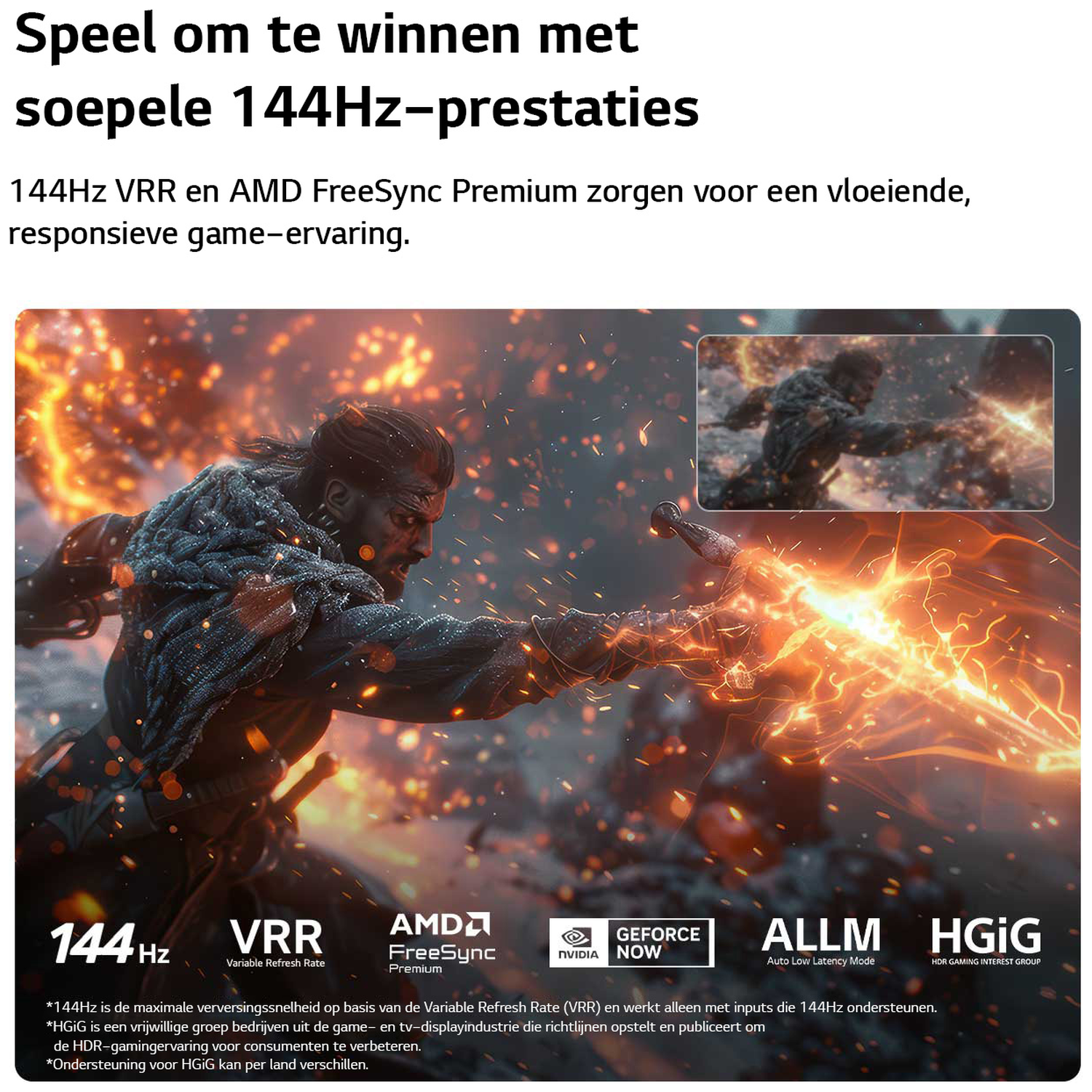 Een krijger met zwaard, omringd door vlammen. 144Hz, VRR, AMD FreeSync, GeForce Now.