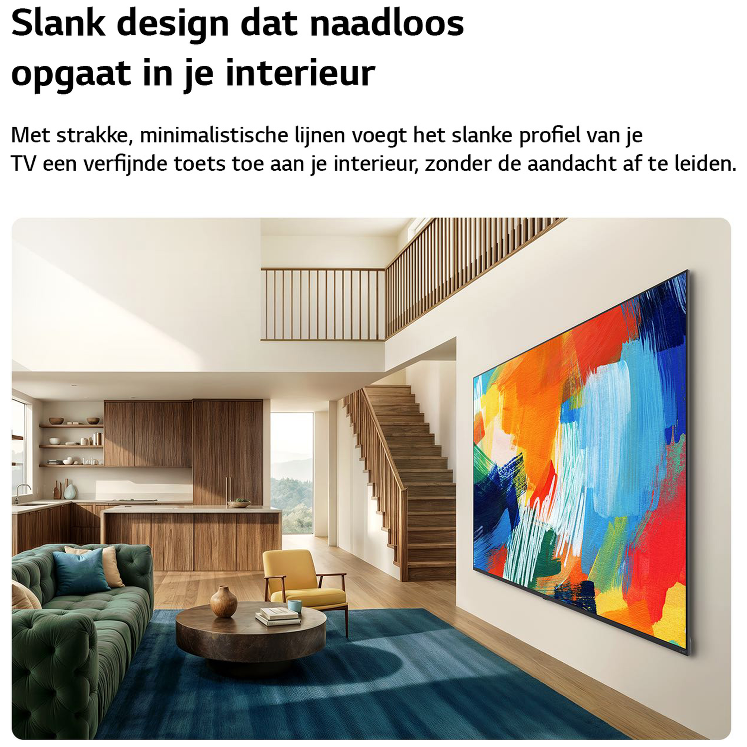 Moderne woonkamer met bank, salontafel, stoel en tv.