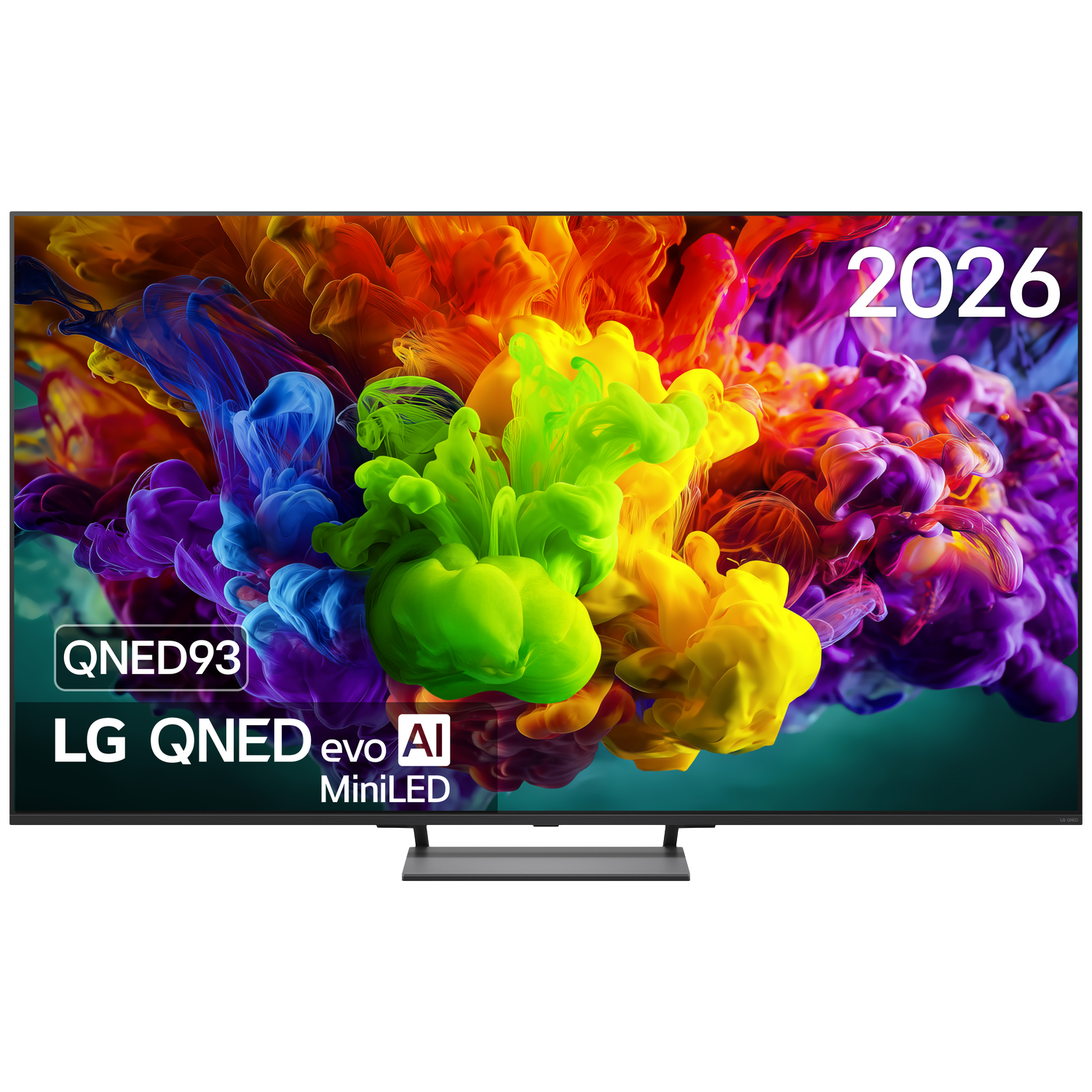 LG QNED evo AI Miniled TV met kleurrijke rookgraphics en het jaartal 2026.