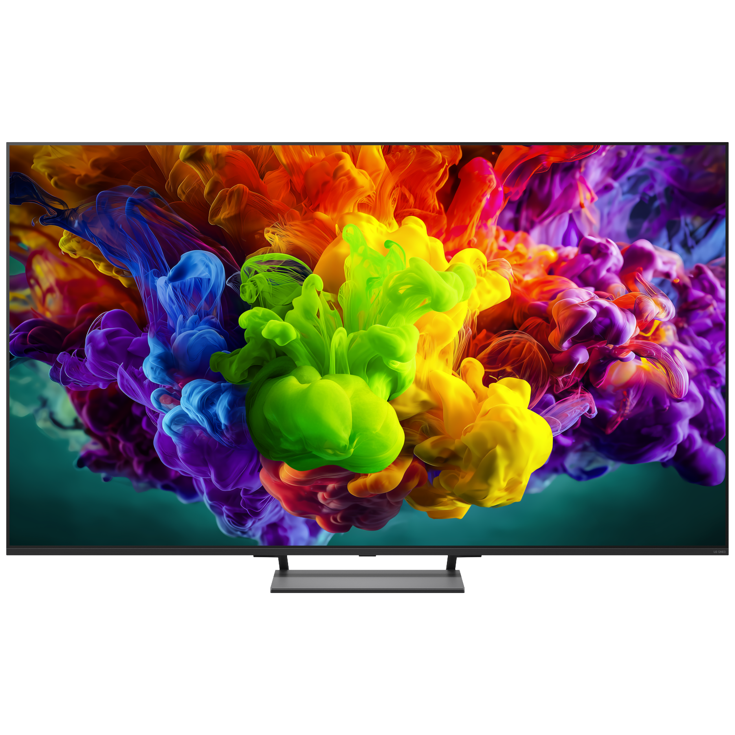 Tv-scherm toont kleurrijke inktexplosies tegen een zwarte achtergrond.