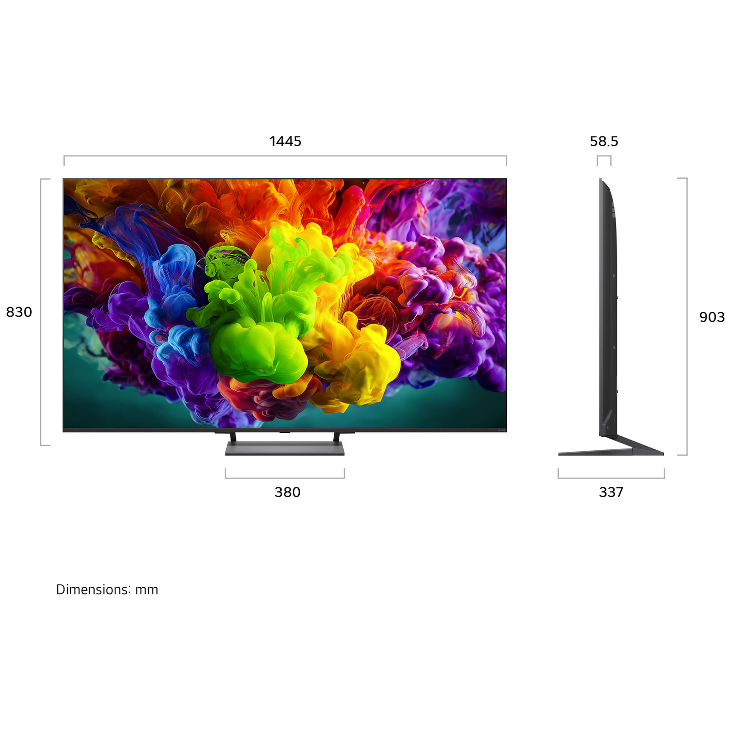 Een moderne tv met kleurrijke rookkunst, met afmetingen aangegeven.