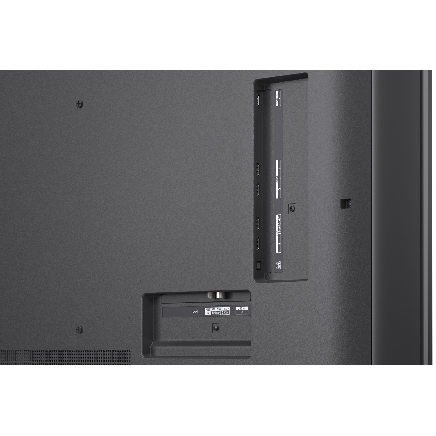Achterkant van een tv met poorten zoals HDMI, USB en LAN.