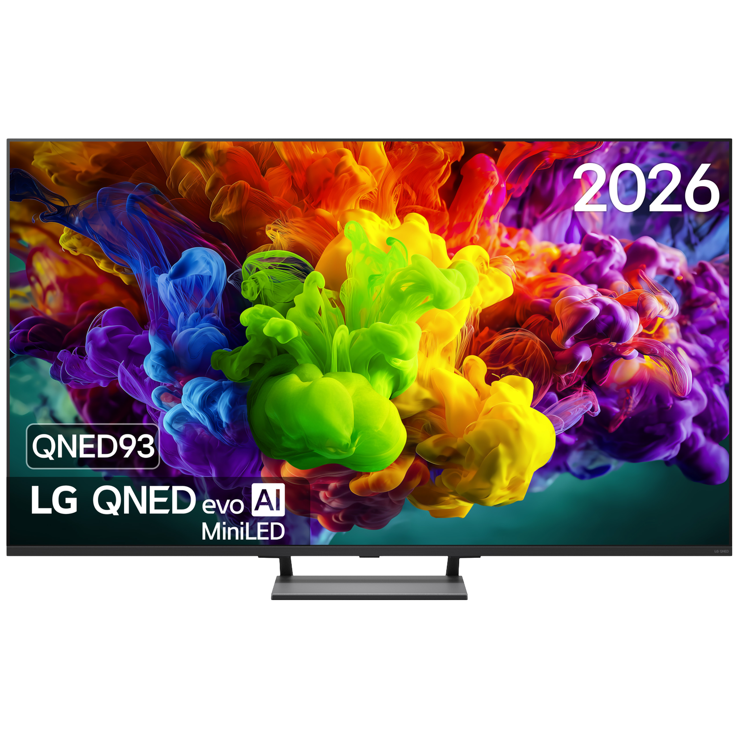 Een LG QNED evo AI MiniLED TV toont kleurrijke rook en het jaartal 2026.