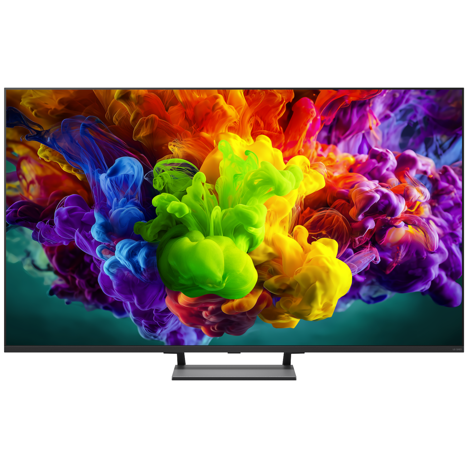 Een moderne televisie toont levendige, kleurrijke inktwolken in water.