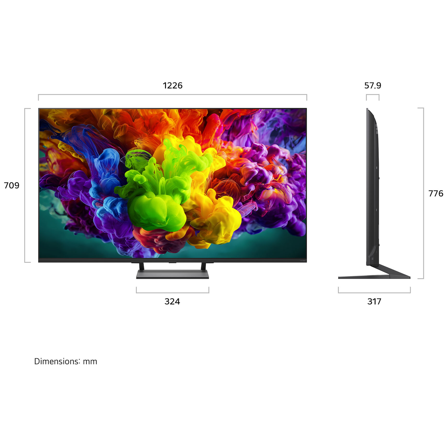 Een moderne flatscreen-tv met kleurrijke rookanimatie, afmetingen aangegeven.